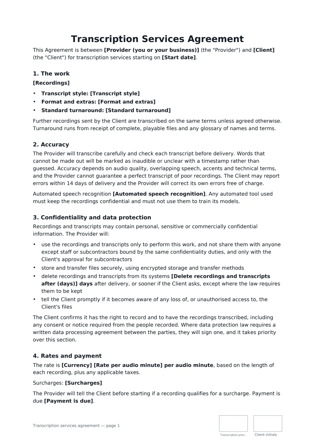 Transcription services agreement — page 1 of 2