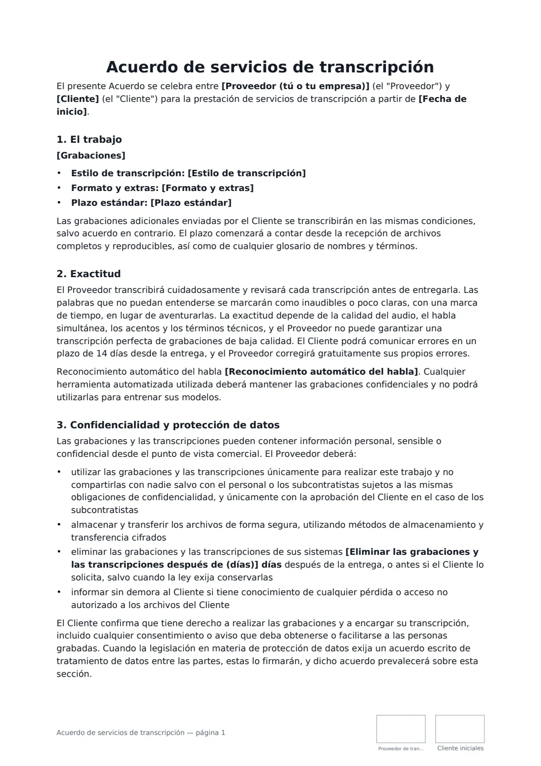 Acuerdo de servicios de transcripción: página 1 de 2