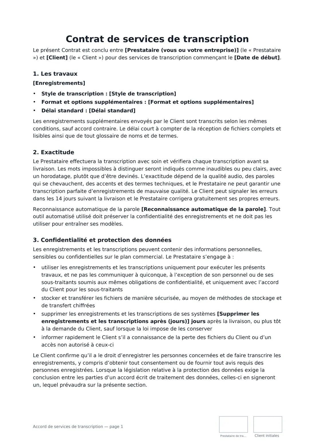 Accord de services de transcription — page 1 sur 2