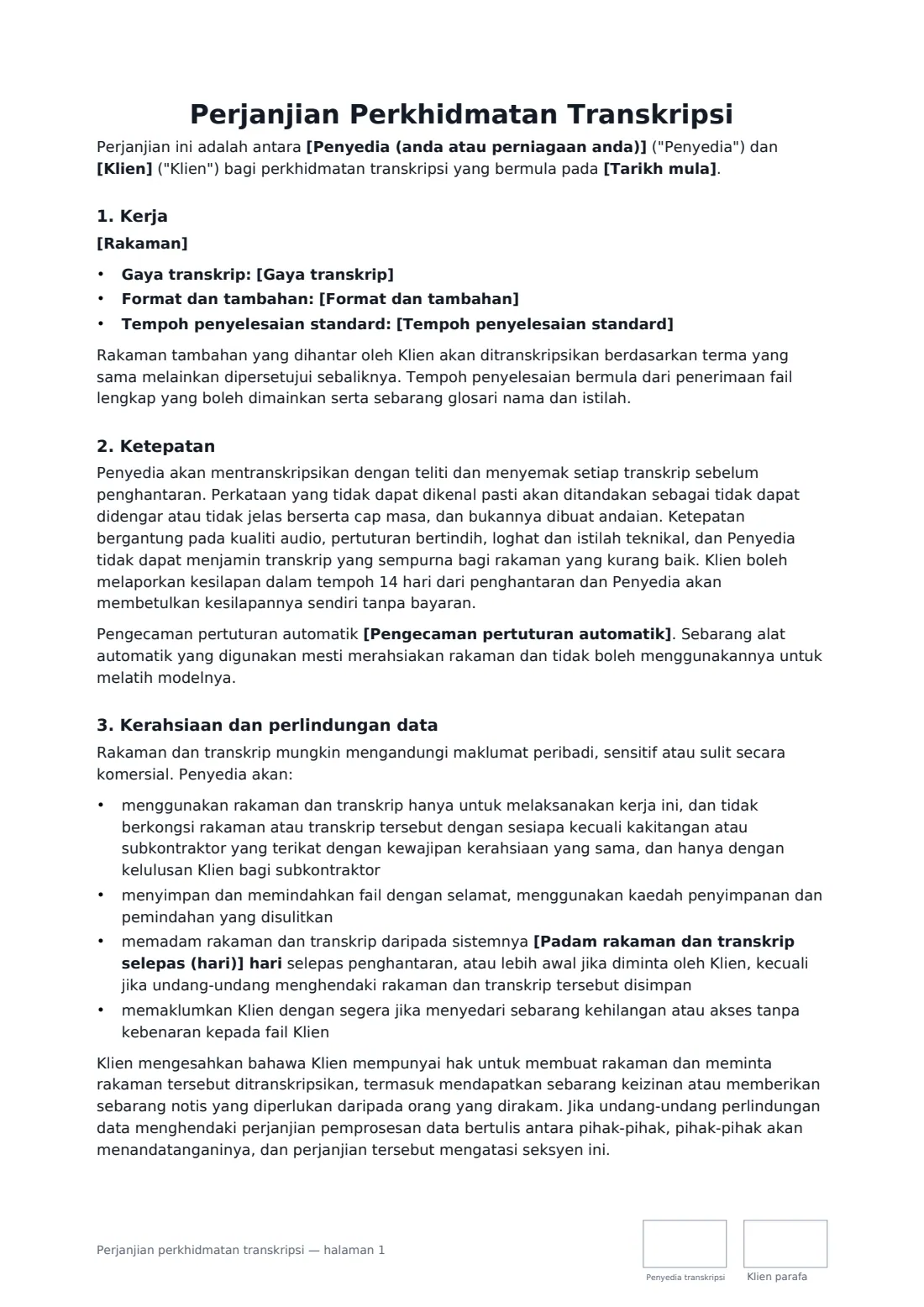 Perjanjian perkhidmatan transkripsi — halaman 1 daripada 2