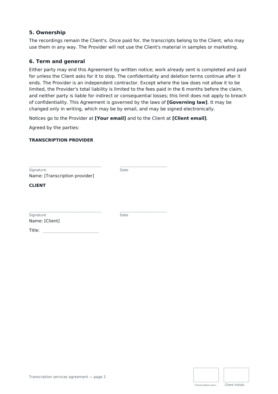 Transcription services agreement — page 2 of 2