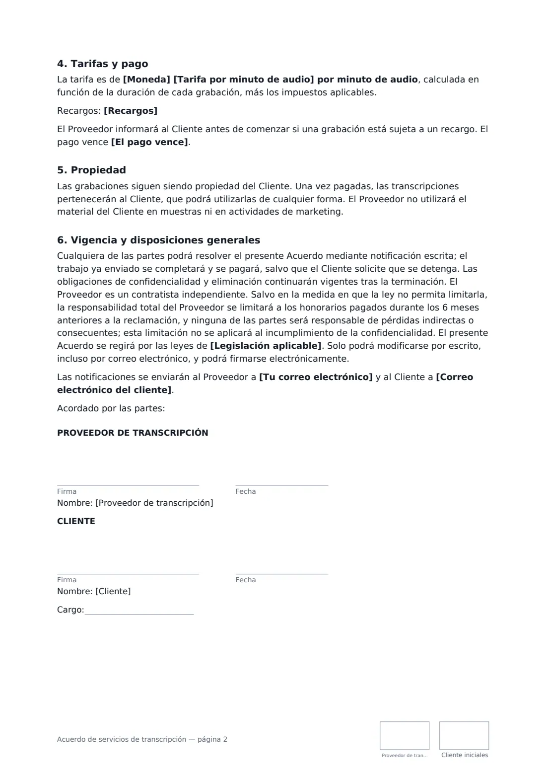 Acuerdo de servicios de transcripción: página 2 de 2