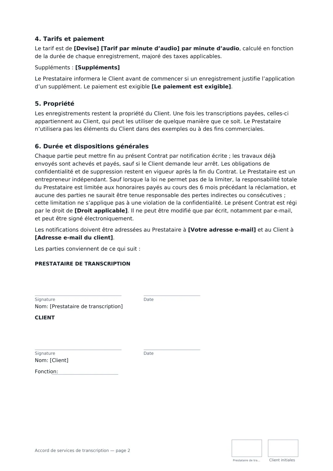 Accord de services de transcription — page 2 sur 2