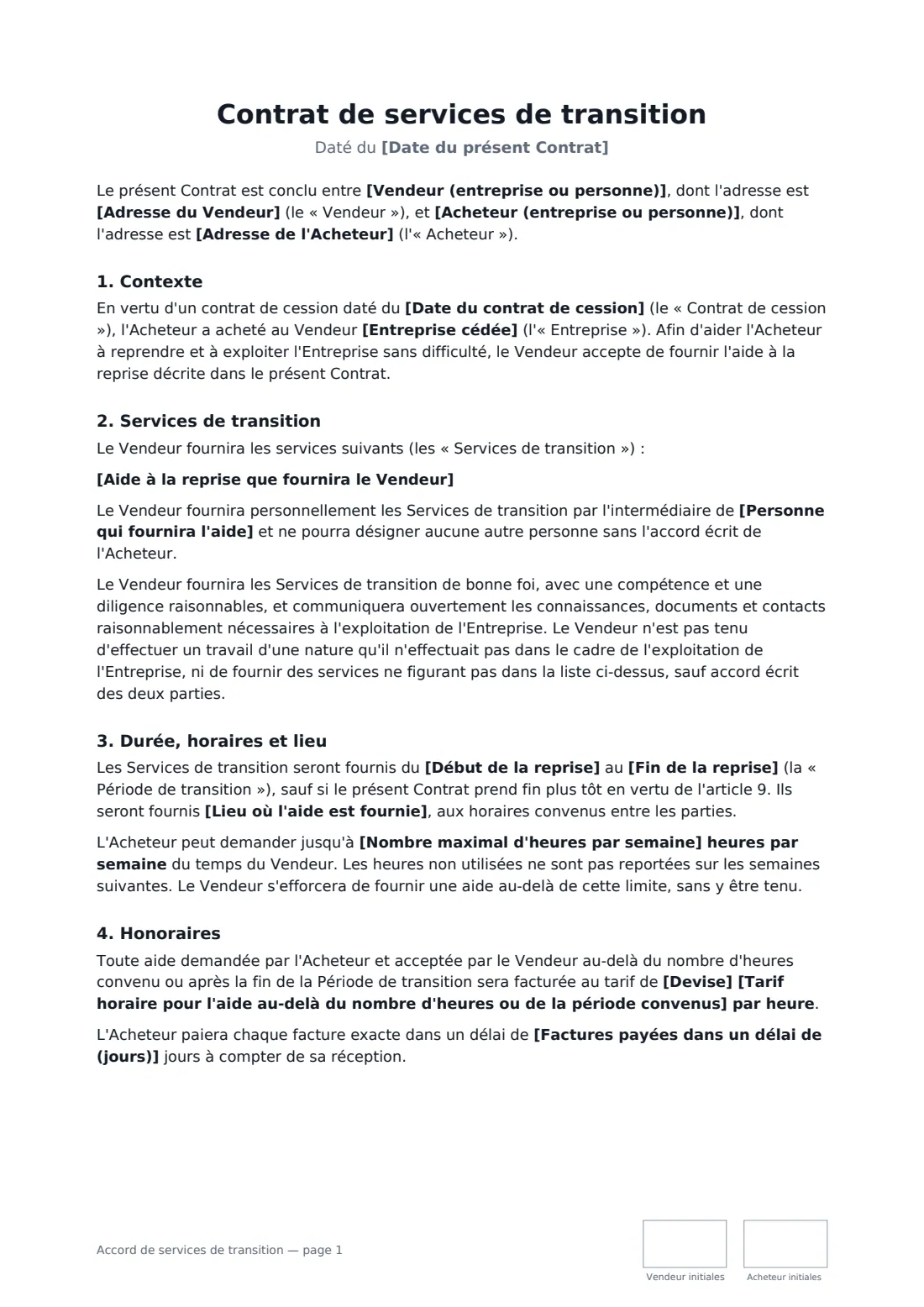 Accord de services de transition — page 1 sur 3