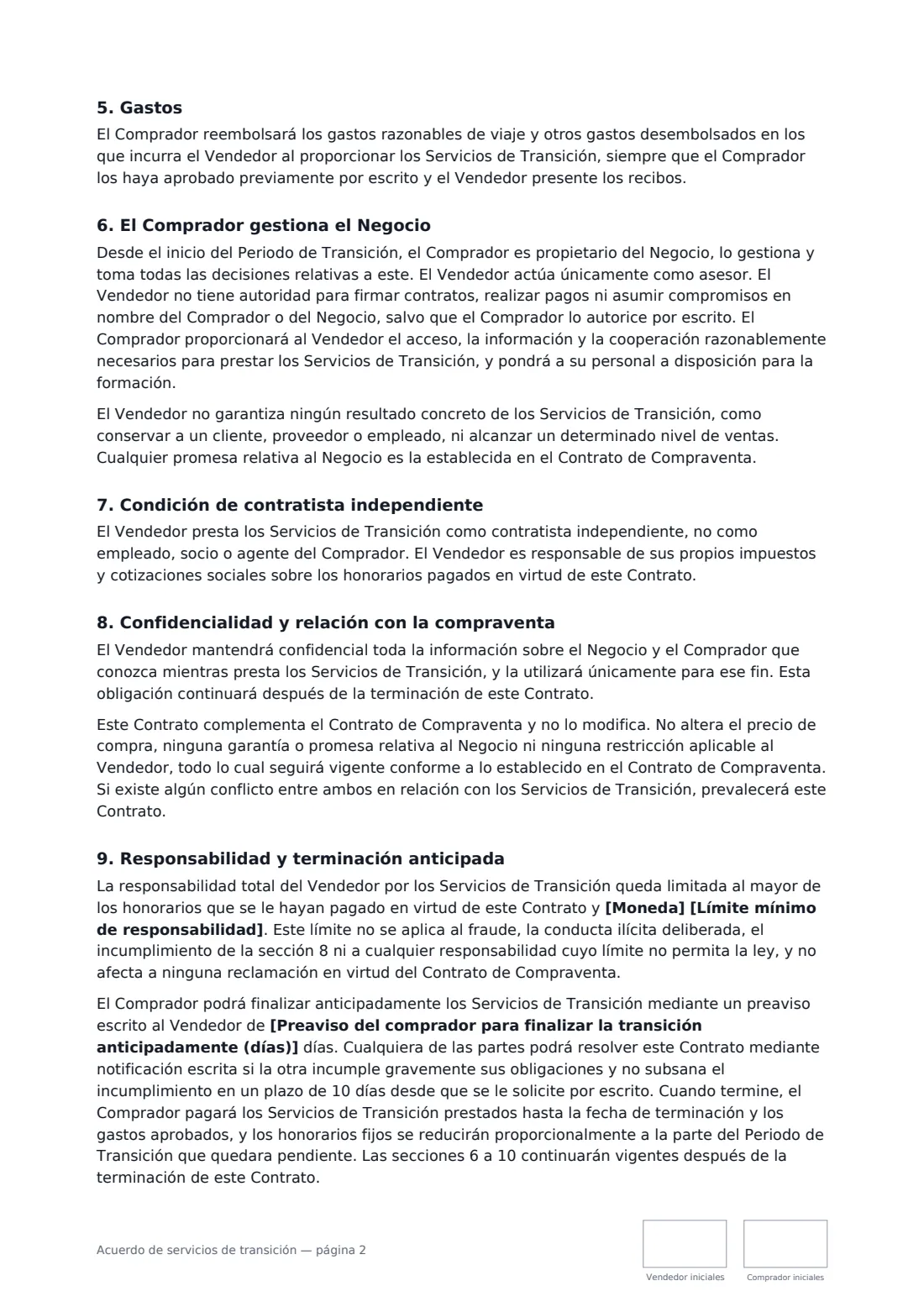 Acuerdo de servicios de transición: página 2 de 3