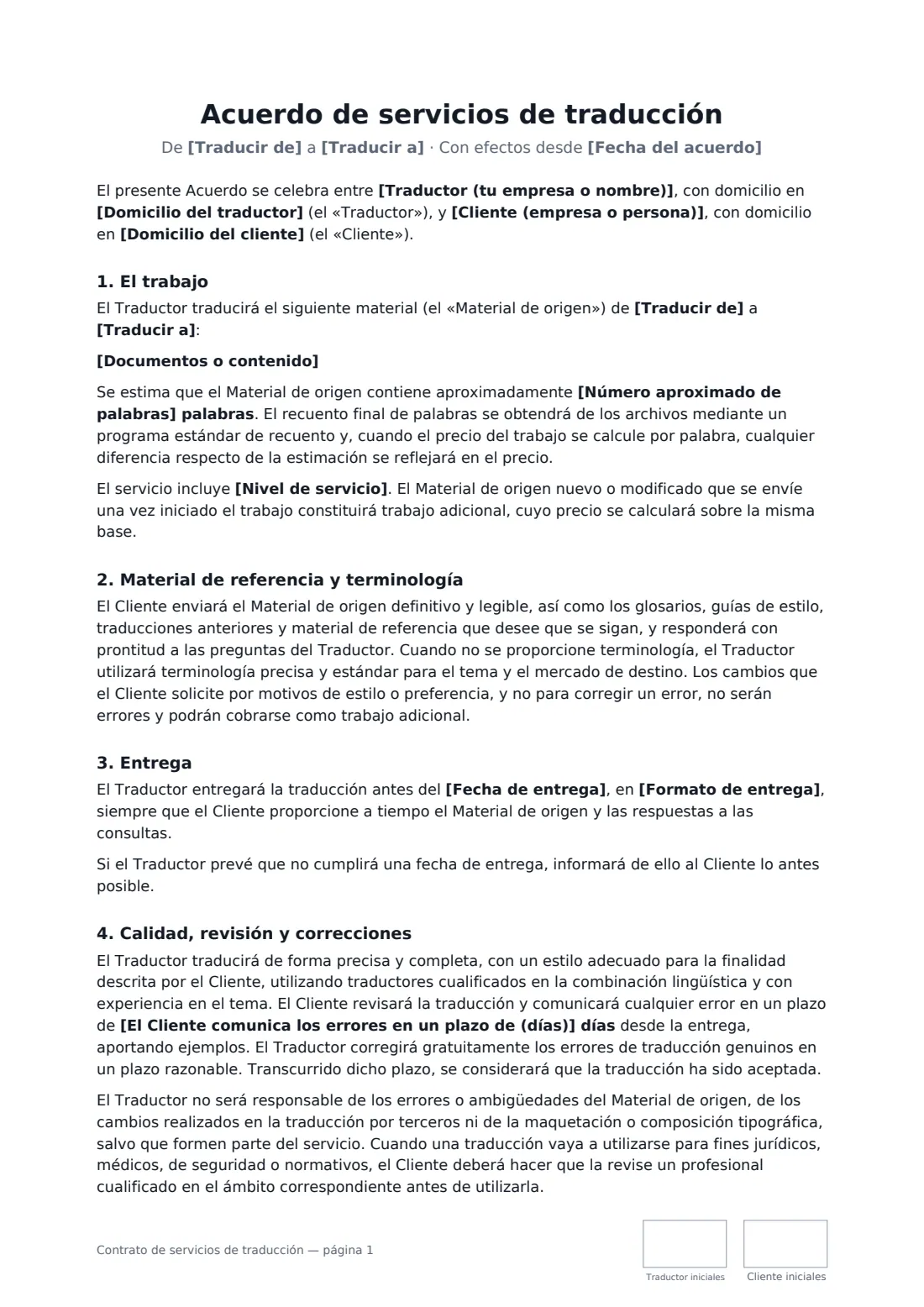 Contrato de servicios de traducción: página 1 de 3