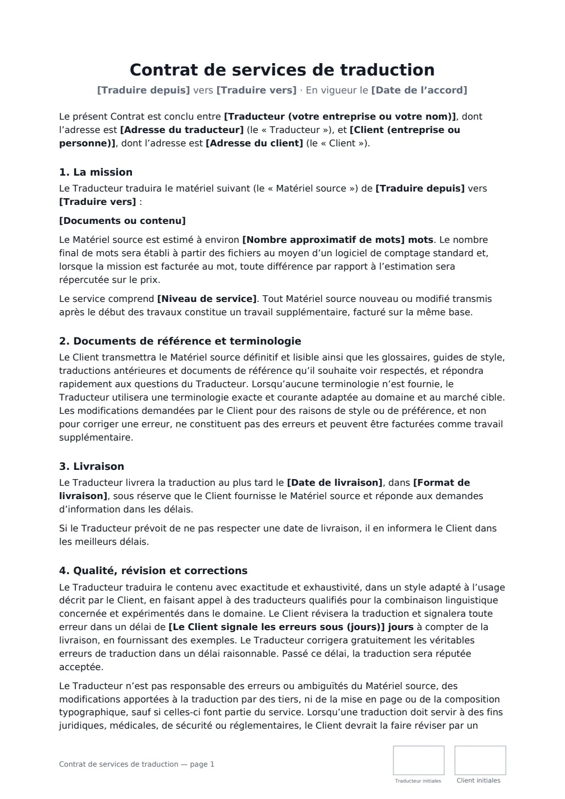 Contrat de services de traduction — page 1 sur 3