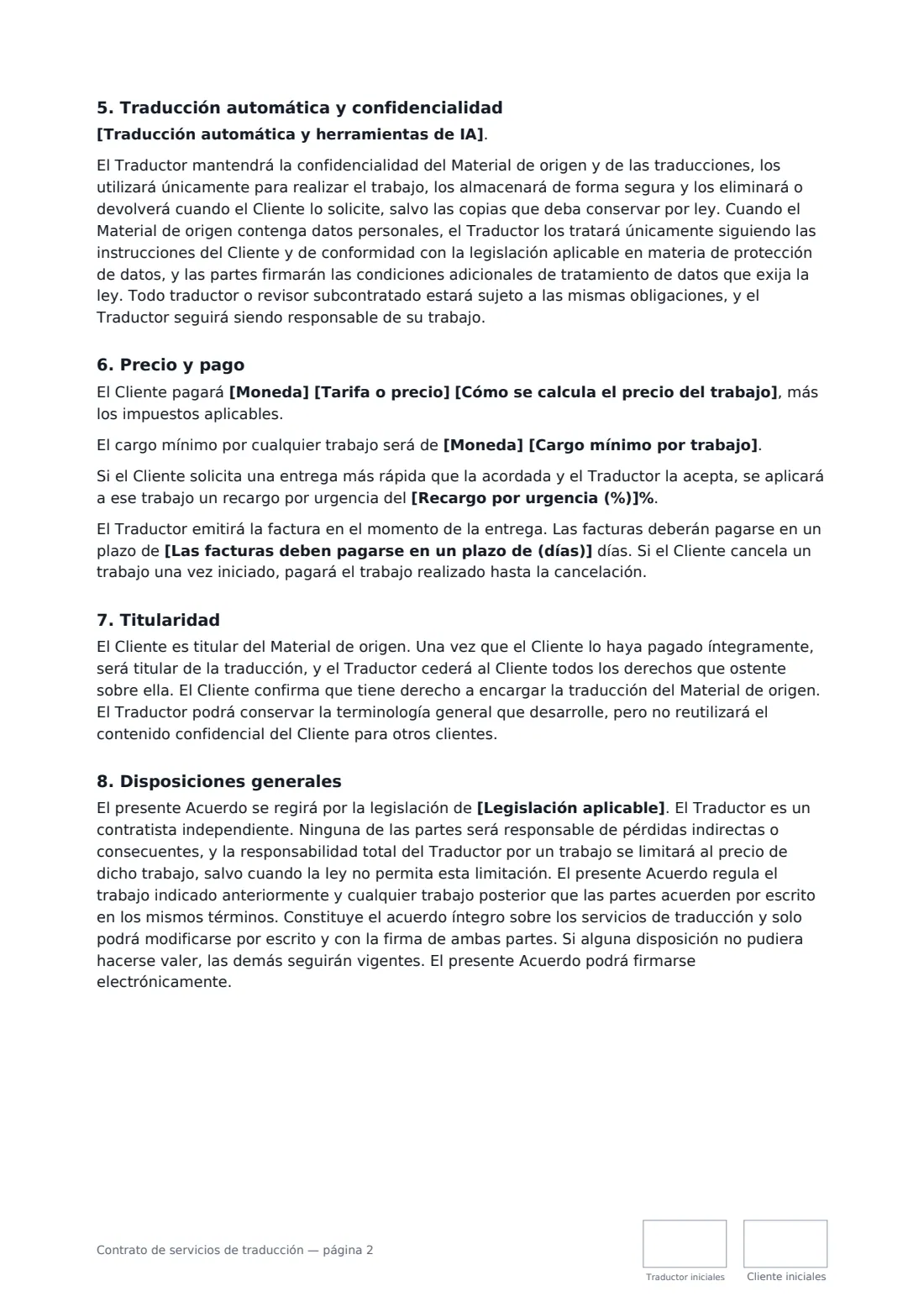 Contrato de servicios de traducción: página 2 de 3