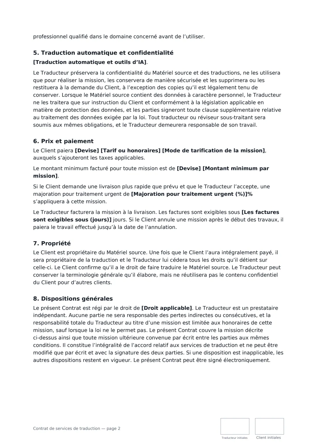 Contrat de services de traduction — page 2 sur 3