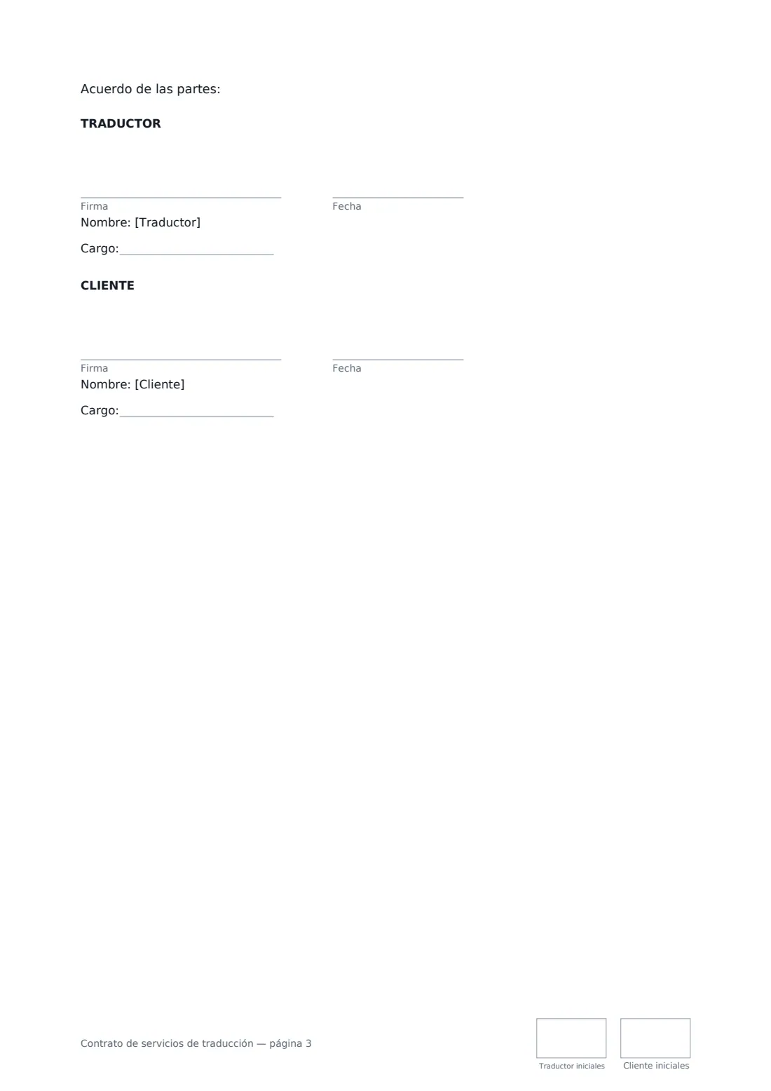 Contrato de servicios de traducción: página 3 de 3