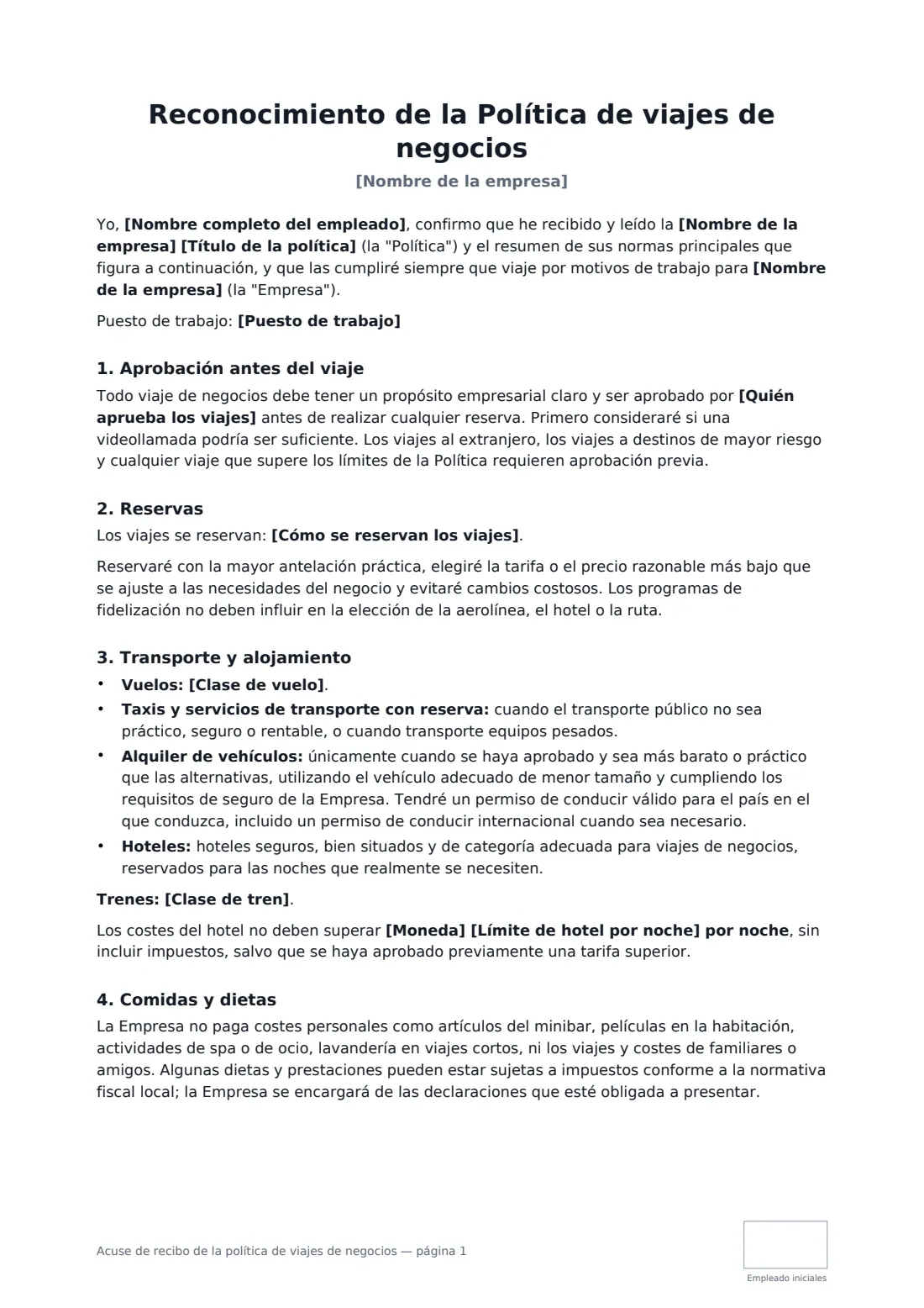 Acuse de recibo de la política de viajes de negocios: página 1 de 3