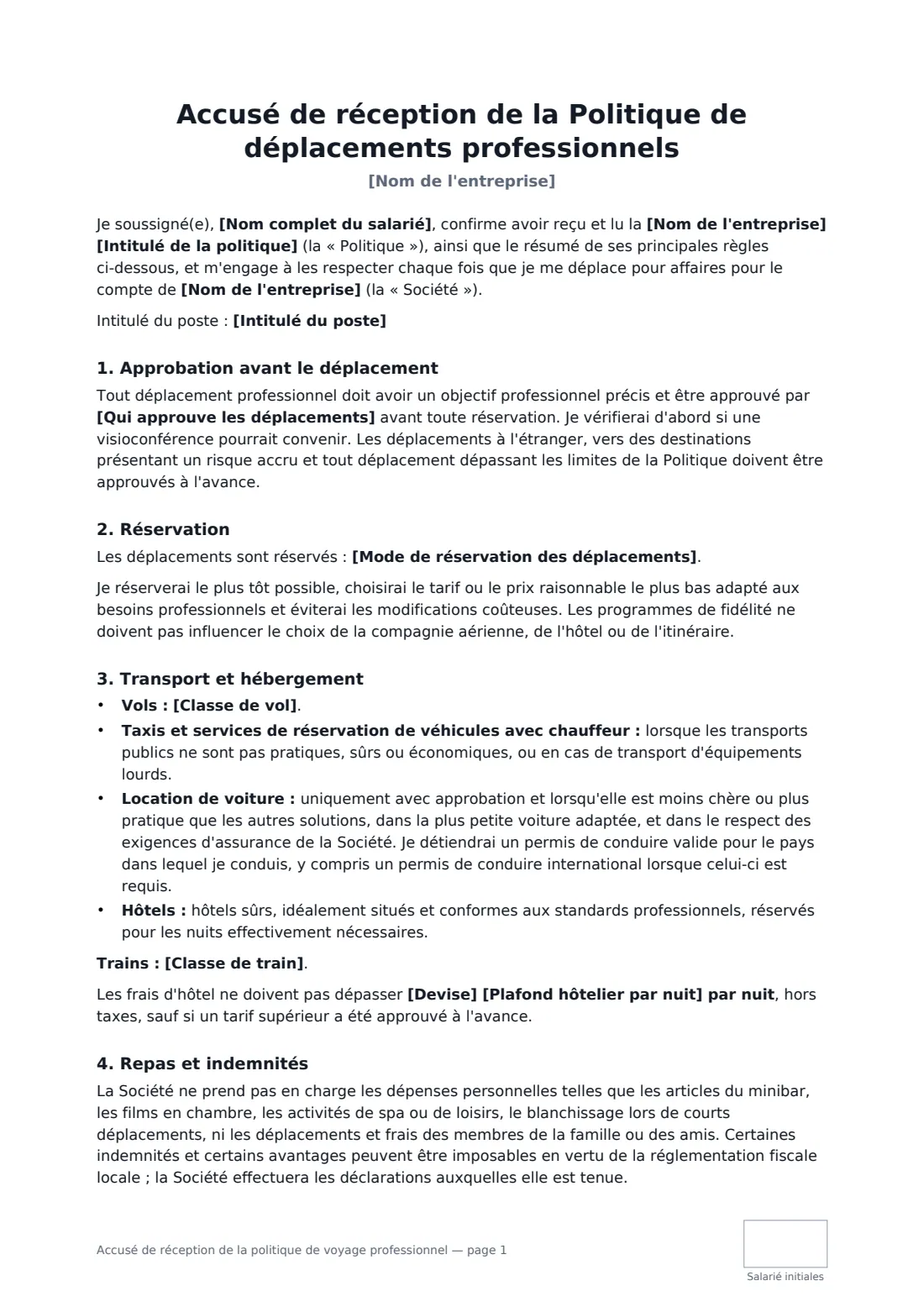 Accusé de réception de la politique de voyage professionnel — page 1 sur 3