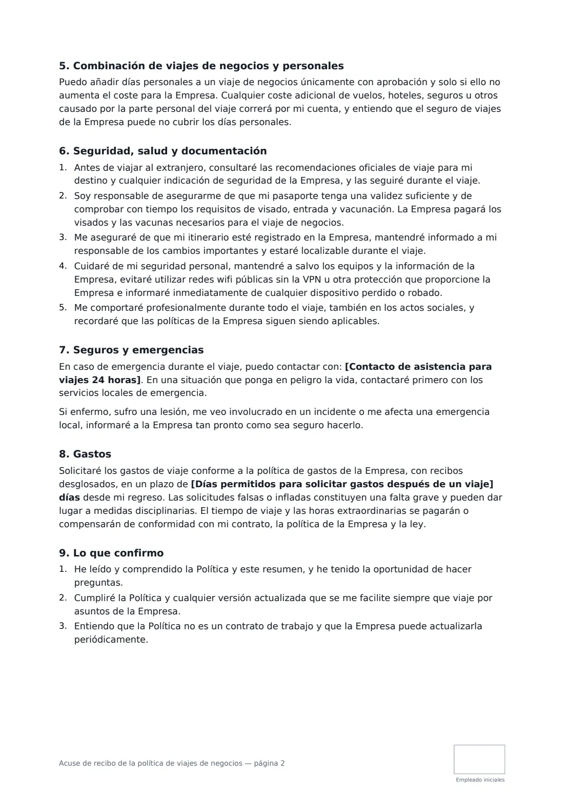 Acuse de recibo de la política de viajes de negocios: página 2 de 3