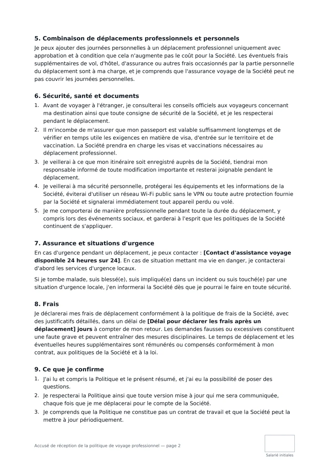 Accusé de réception de la politique de voyage professionnel — page 2 sur 3