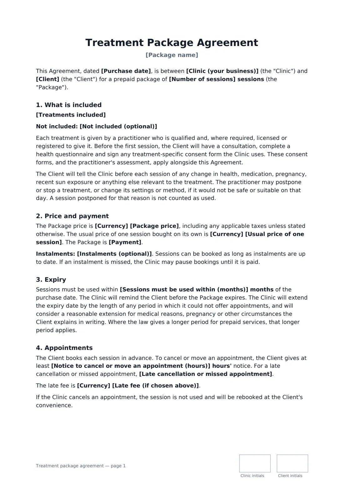 Treatment package agreement — page 1 of 3