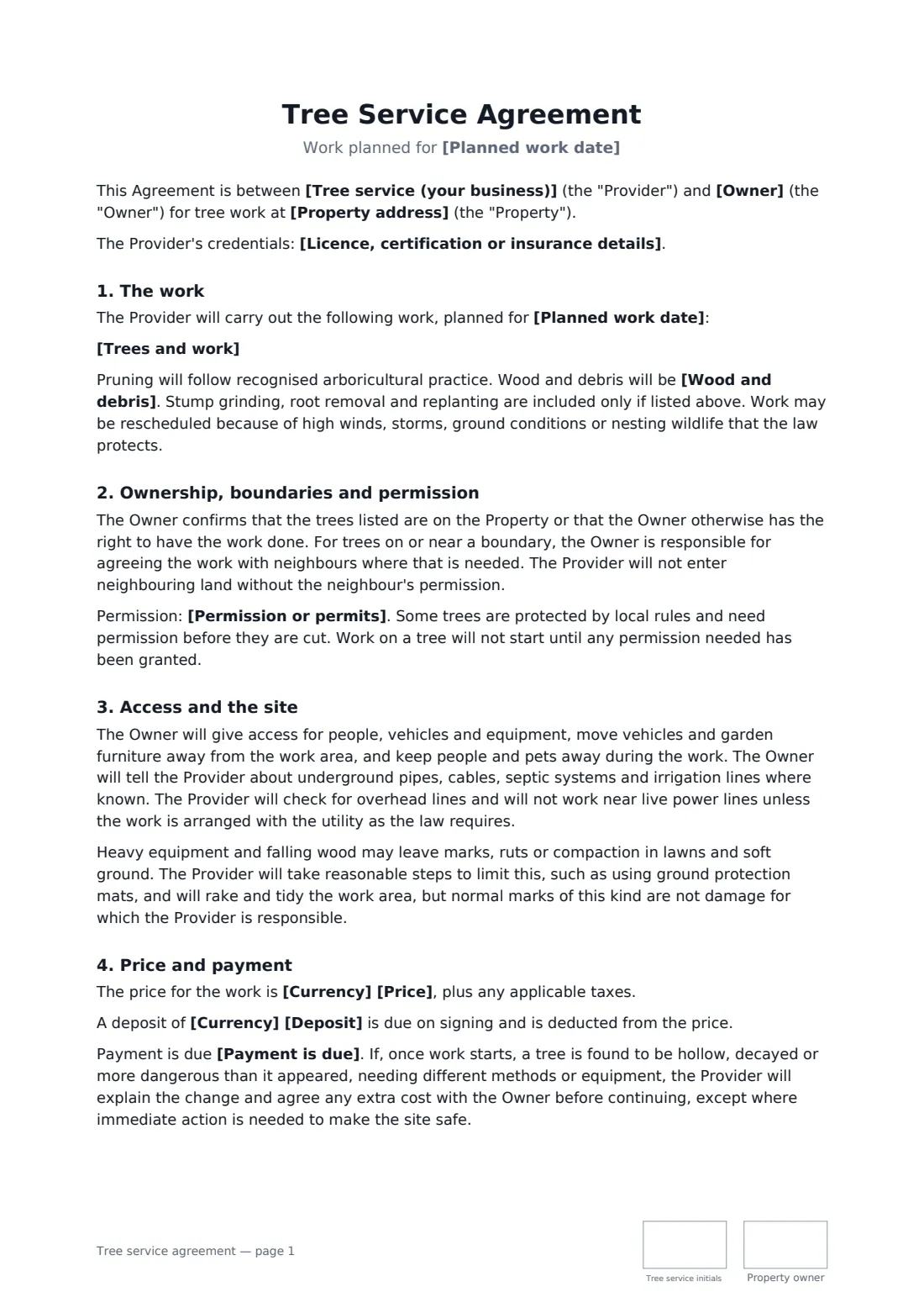 Tree service agreement — page 1 of 2