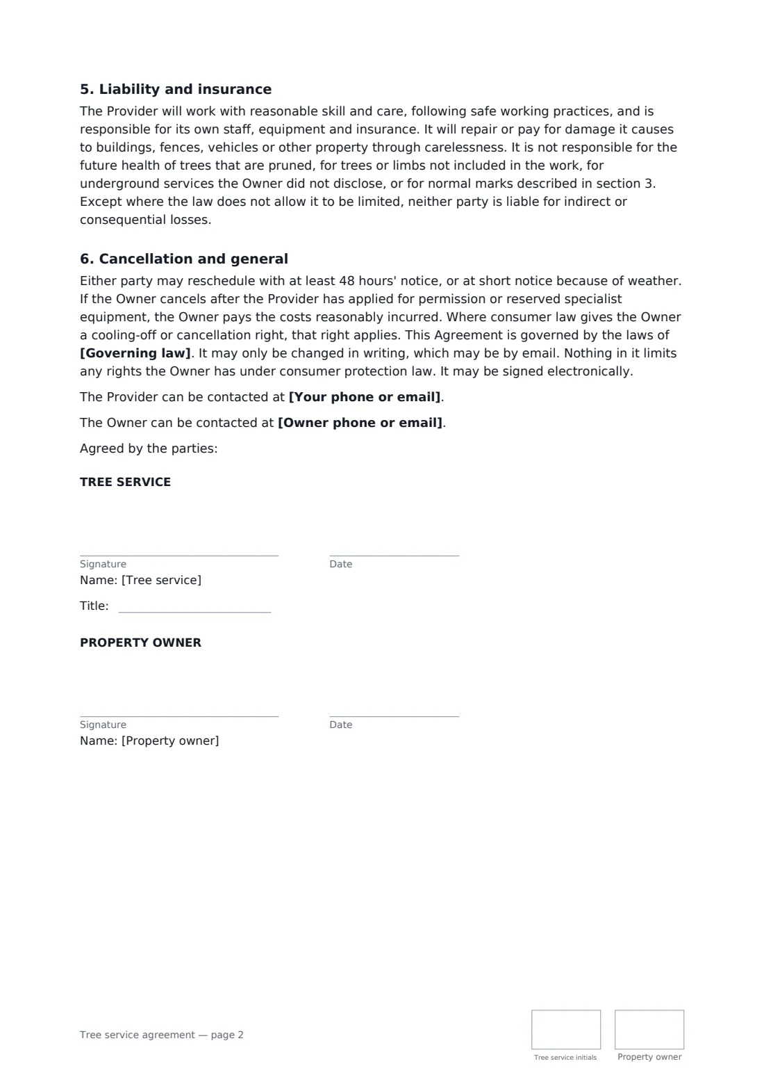 Tree service agreement — page 2 of 2