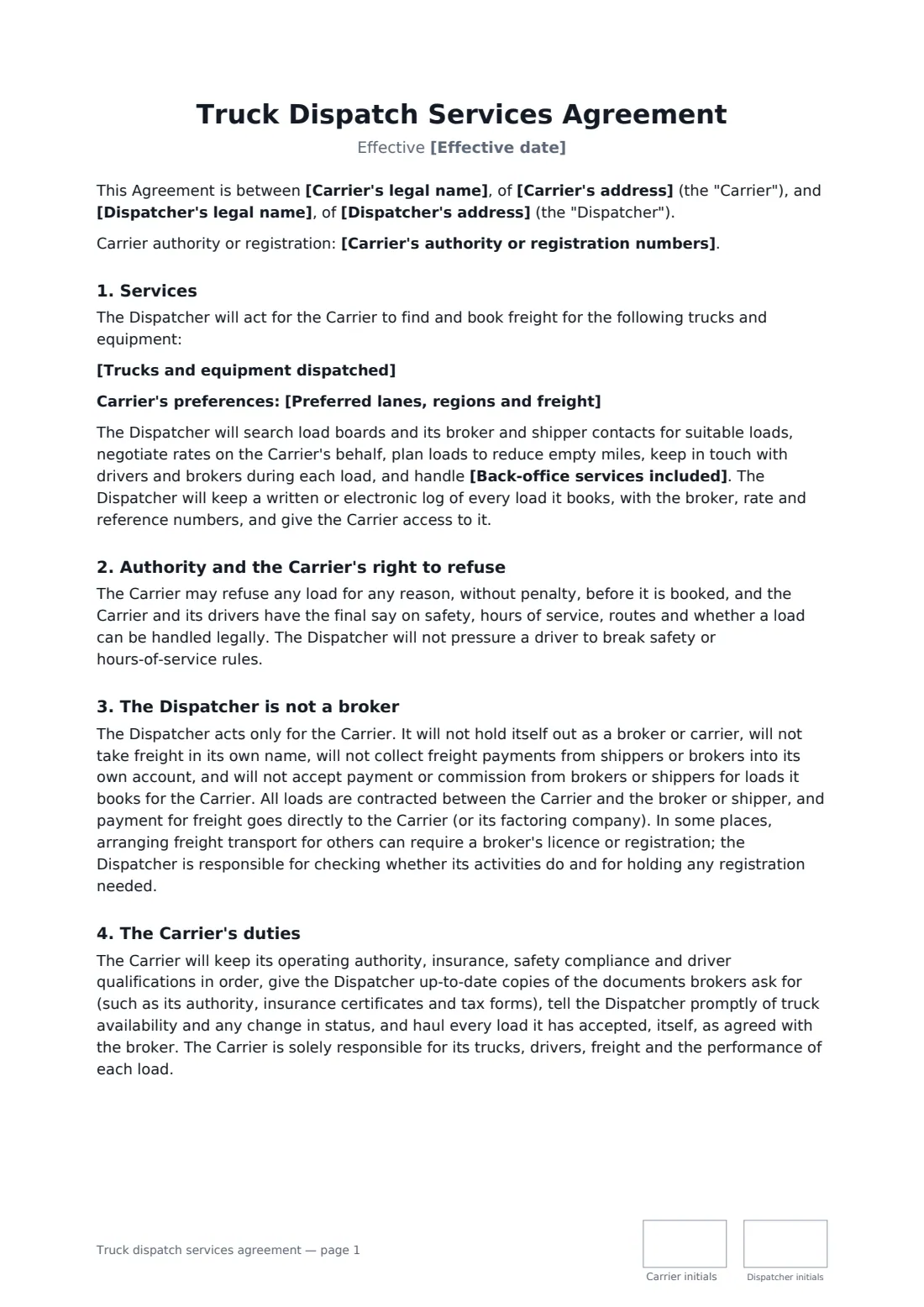 Truck dispatch services agreement — page 1 of 3