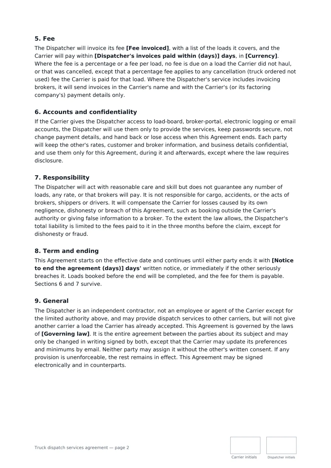 Truck dispatch services agreement — page 2 of 3