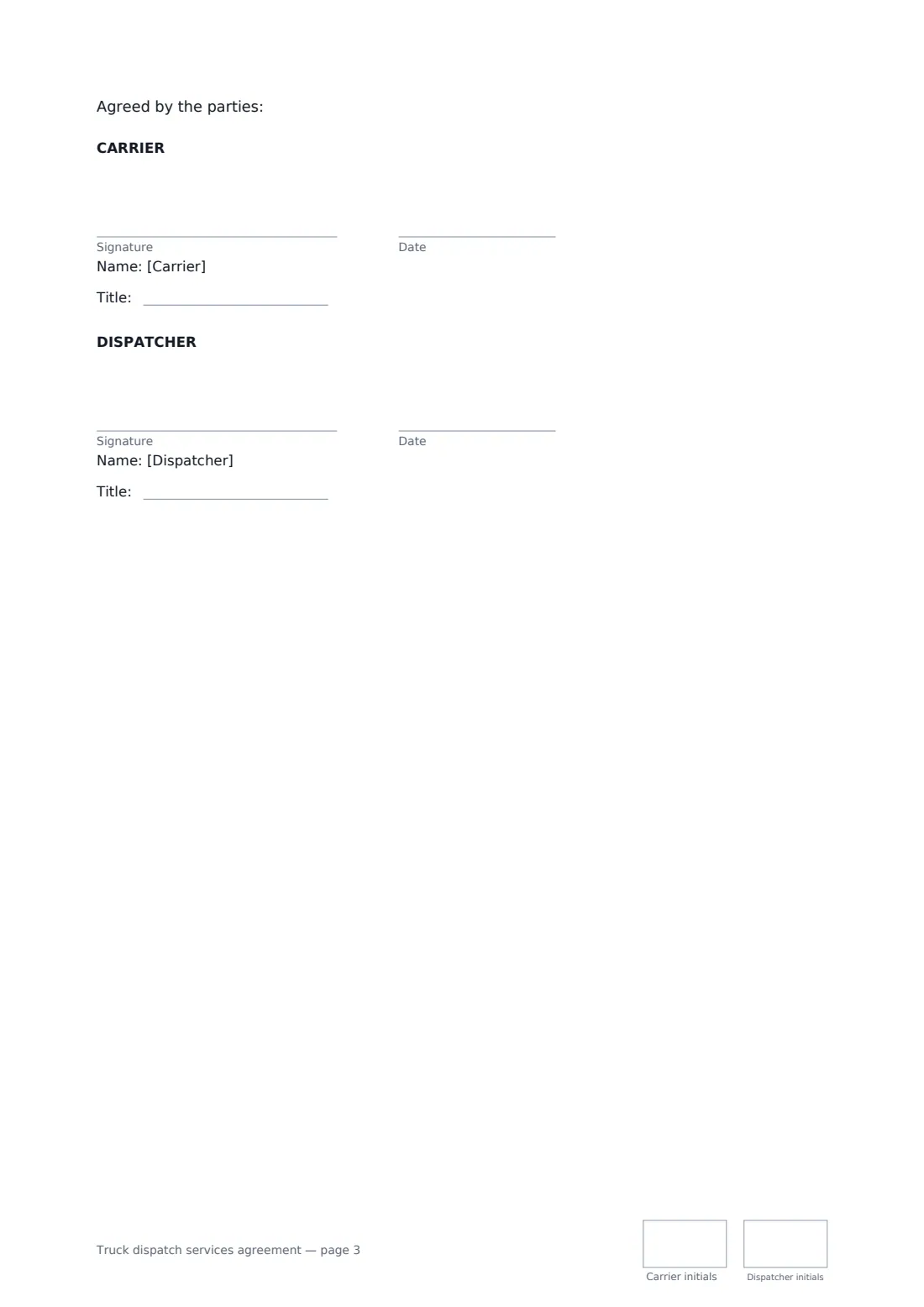 Truck dispatch services agreement — page 3 of 3