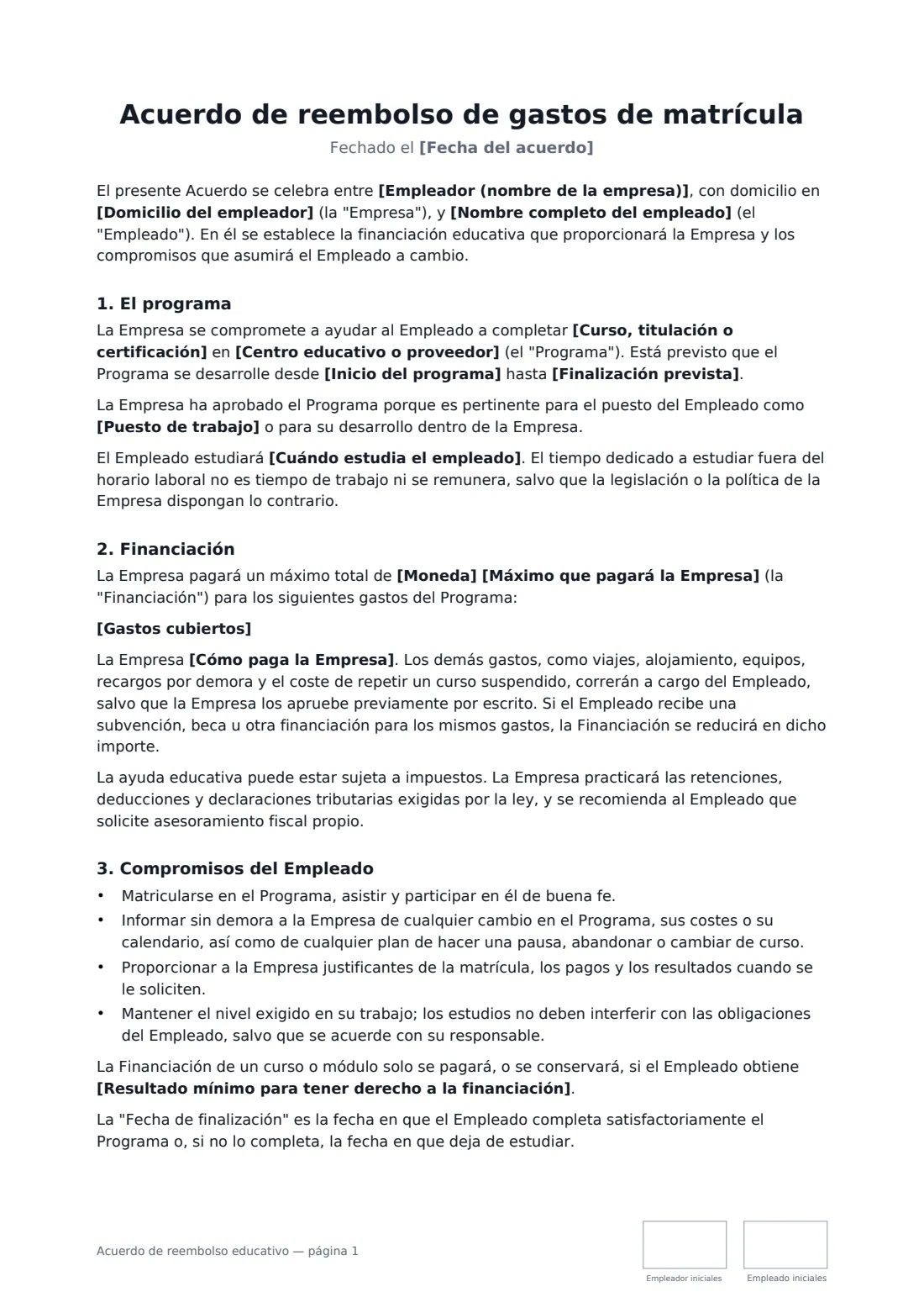 Acuerdo de reembolso educativo: página 1 de 3