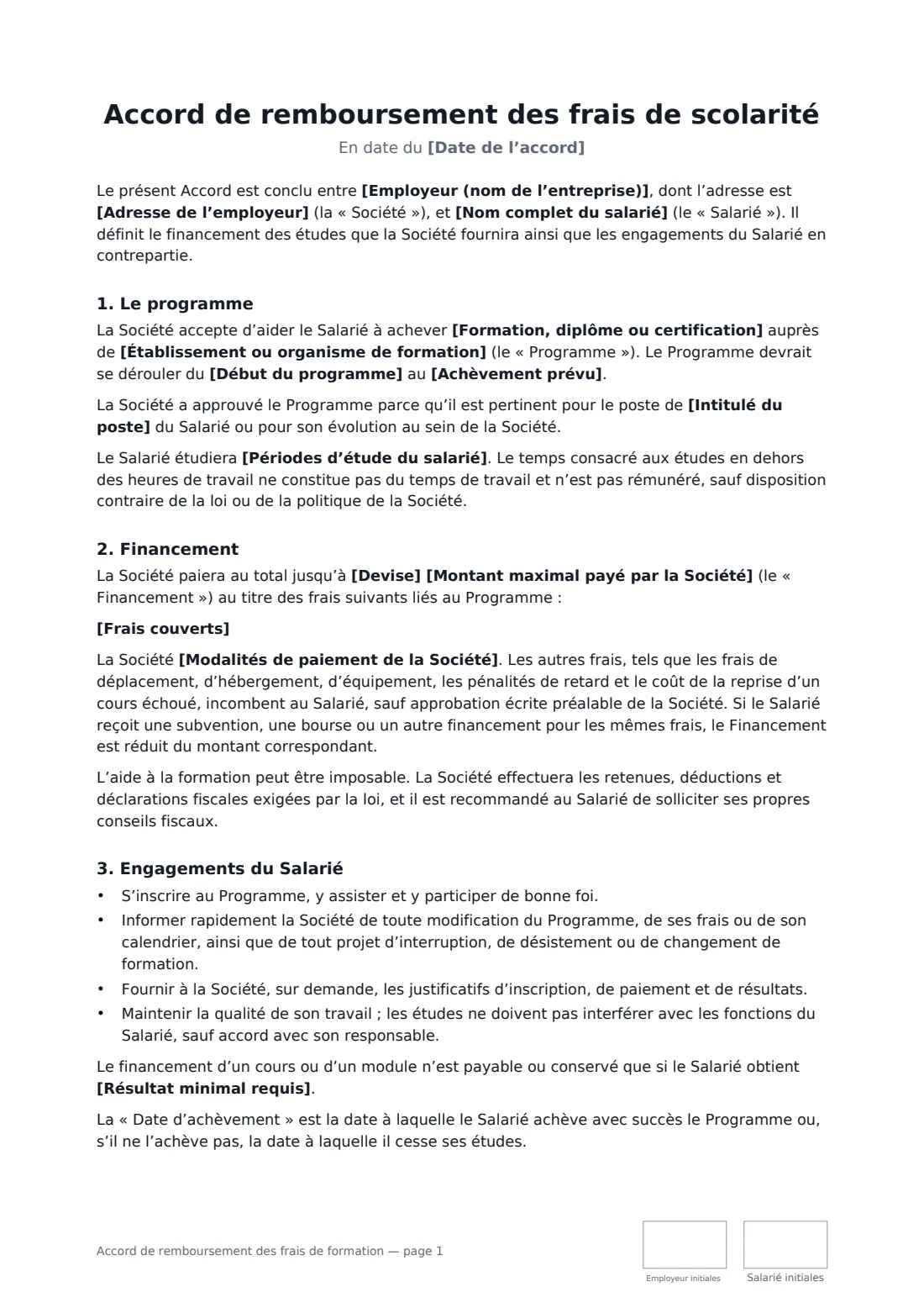 Accord de remboursement des frais de formation — page 1 sur 3
