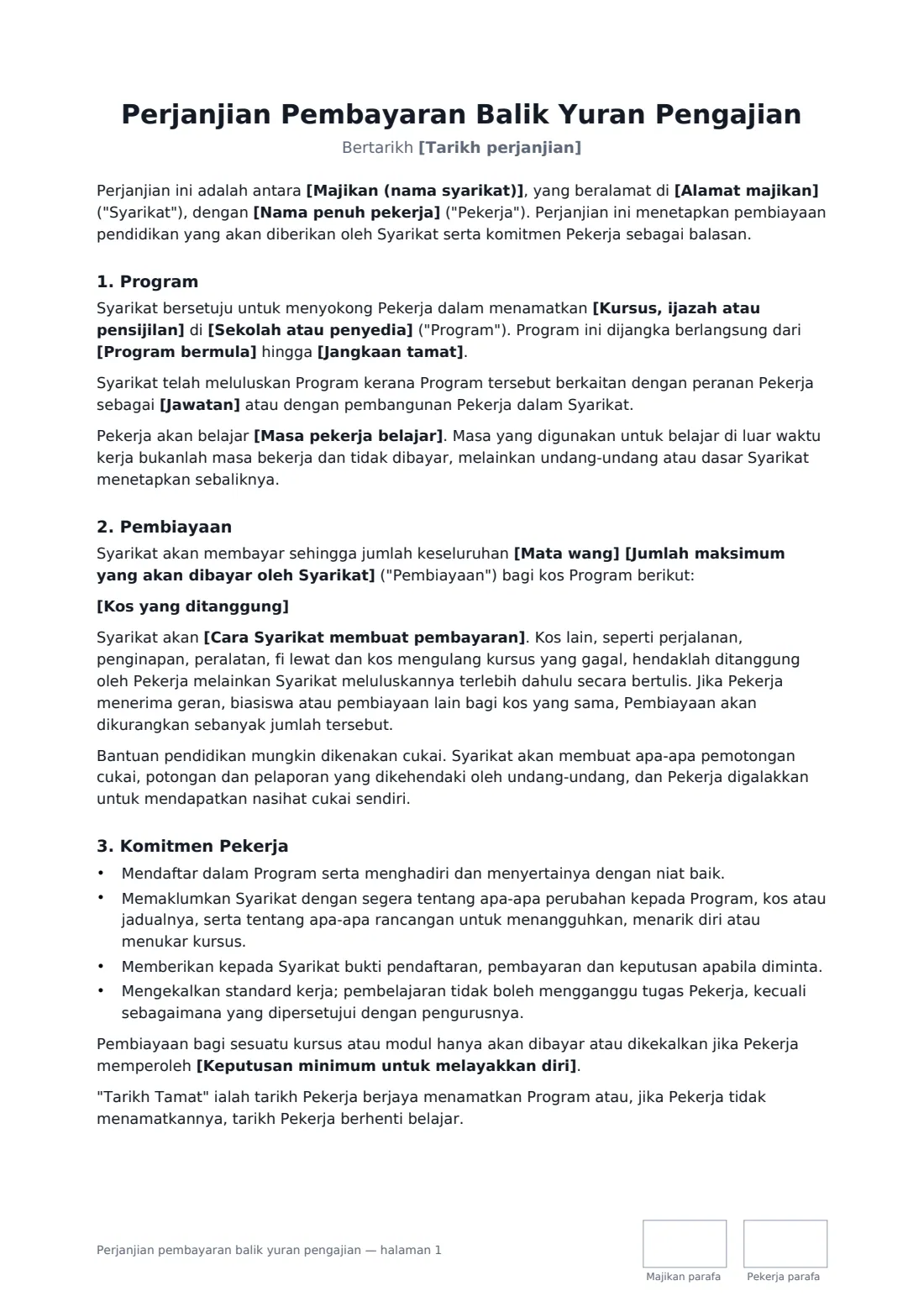 Perjanjian pembayaran balik yuran pengajian — halaman 1 daripada 3