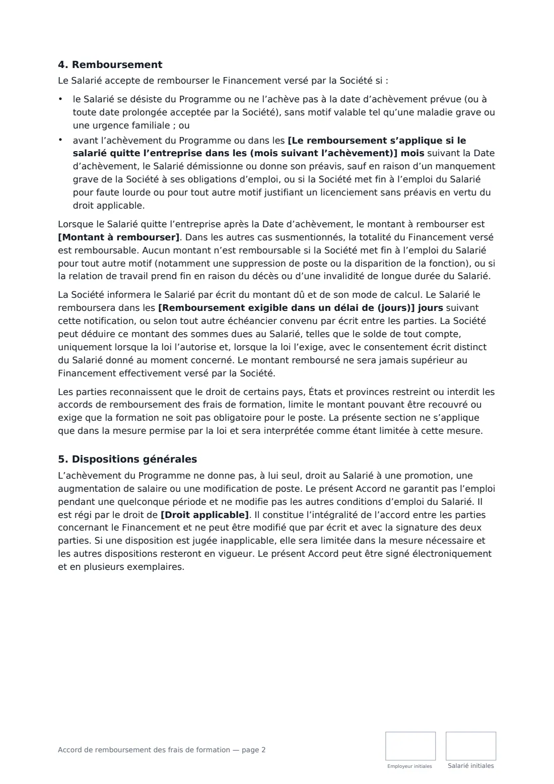 Accord de remboursement des frais de formation — page 2 sur 3