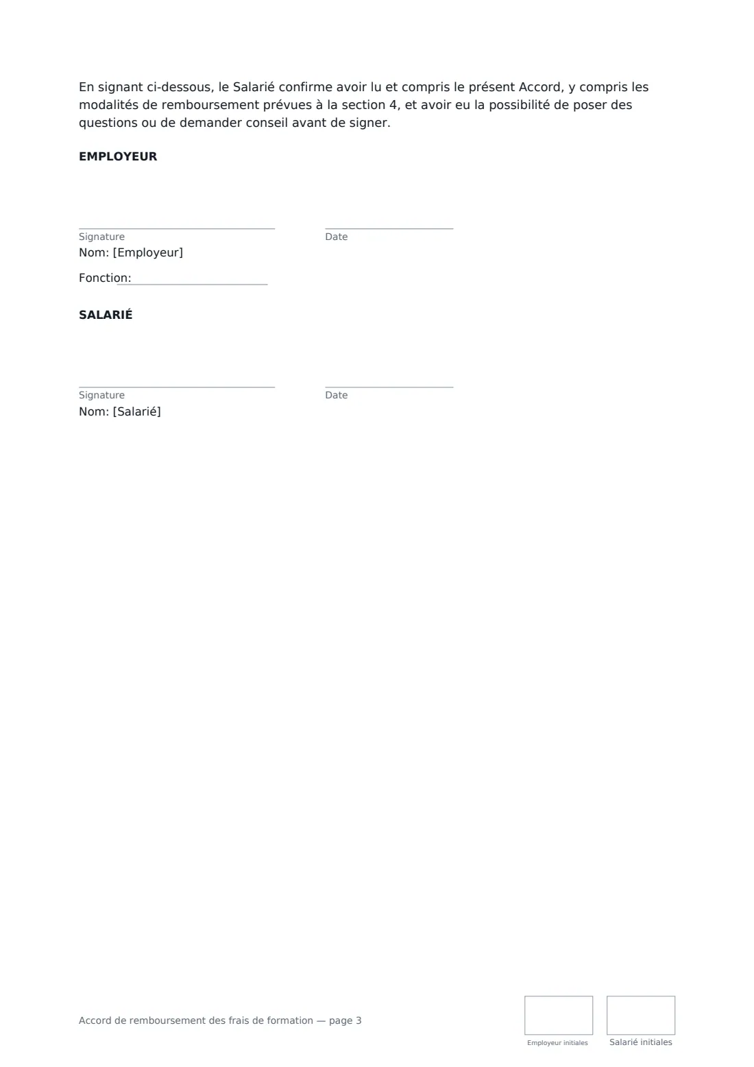 Accord de remboursement des frais de formation — page 3 sur 3