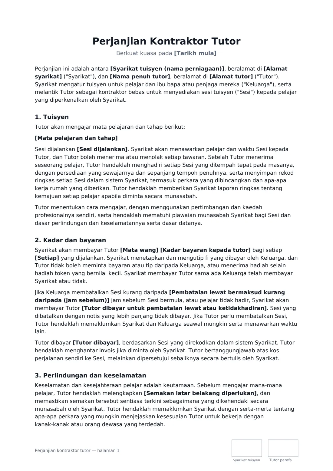 Perjanjian kontraktor tutor — halaman 1 daripada 3