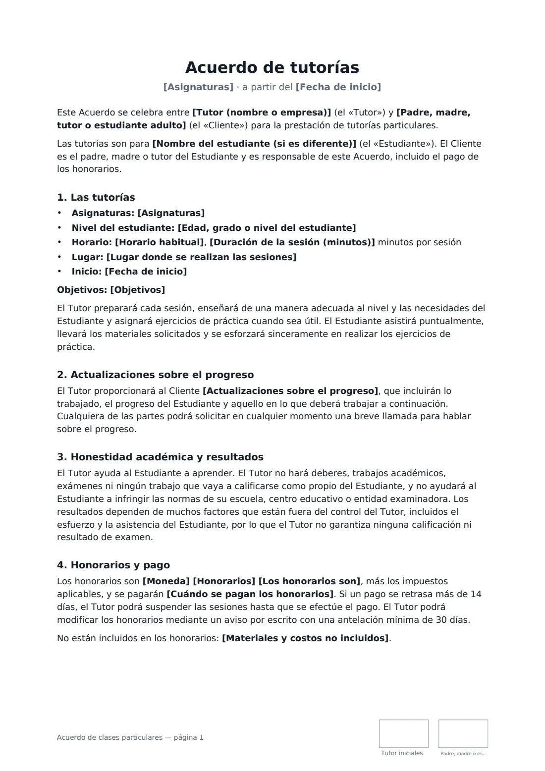 Acuerdo de clases particulares: página 1 de 3