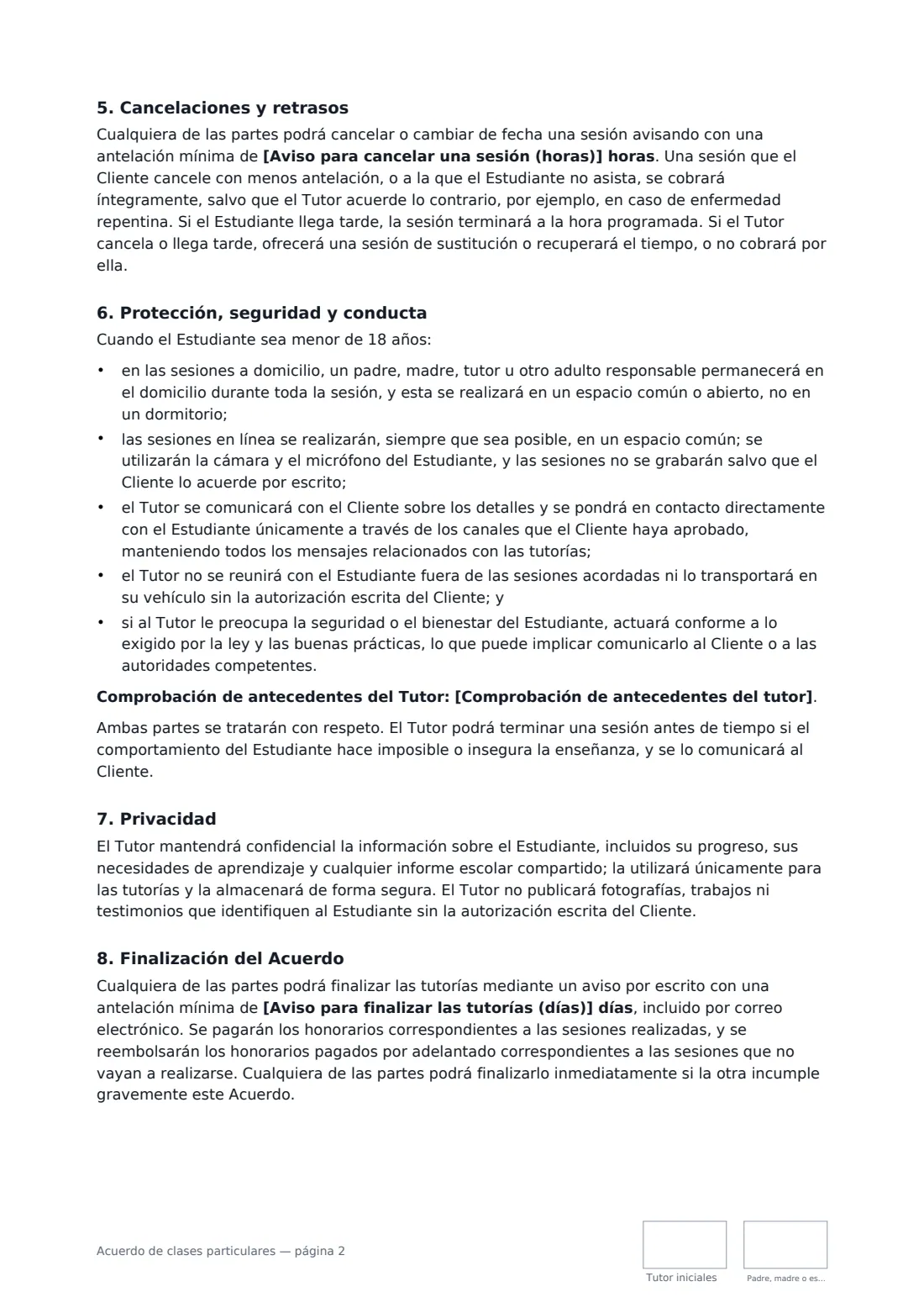 Acuerdo de clases particulares: página 2 de 3
