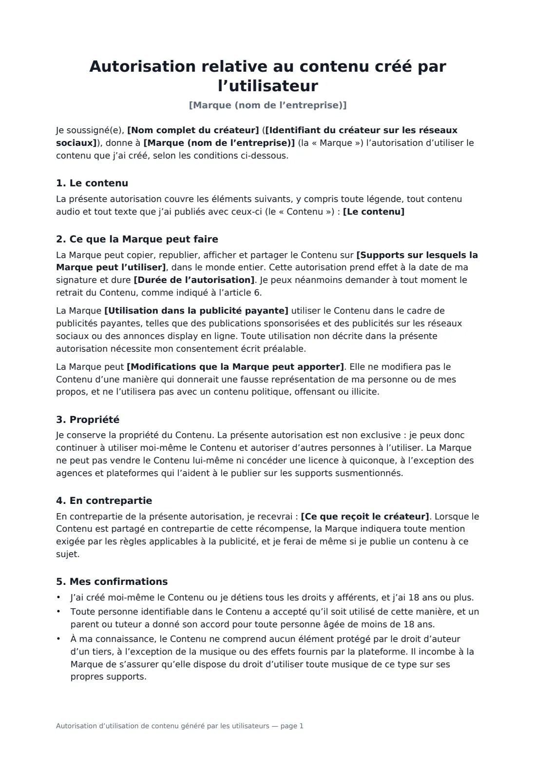 Autorisation d’utilisation de contenu généré par les utilisateurs — page 1 sur 2