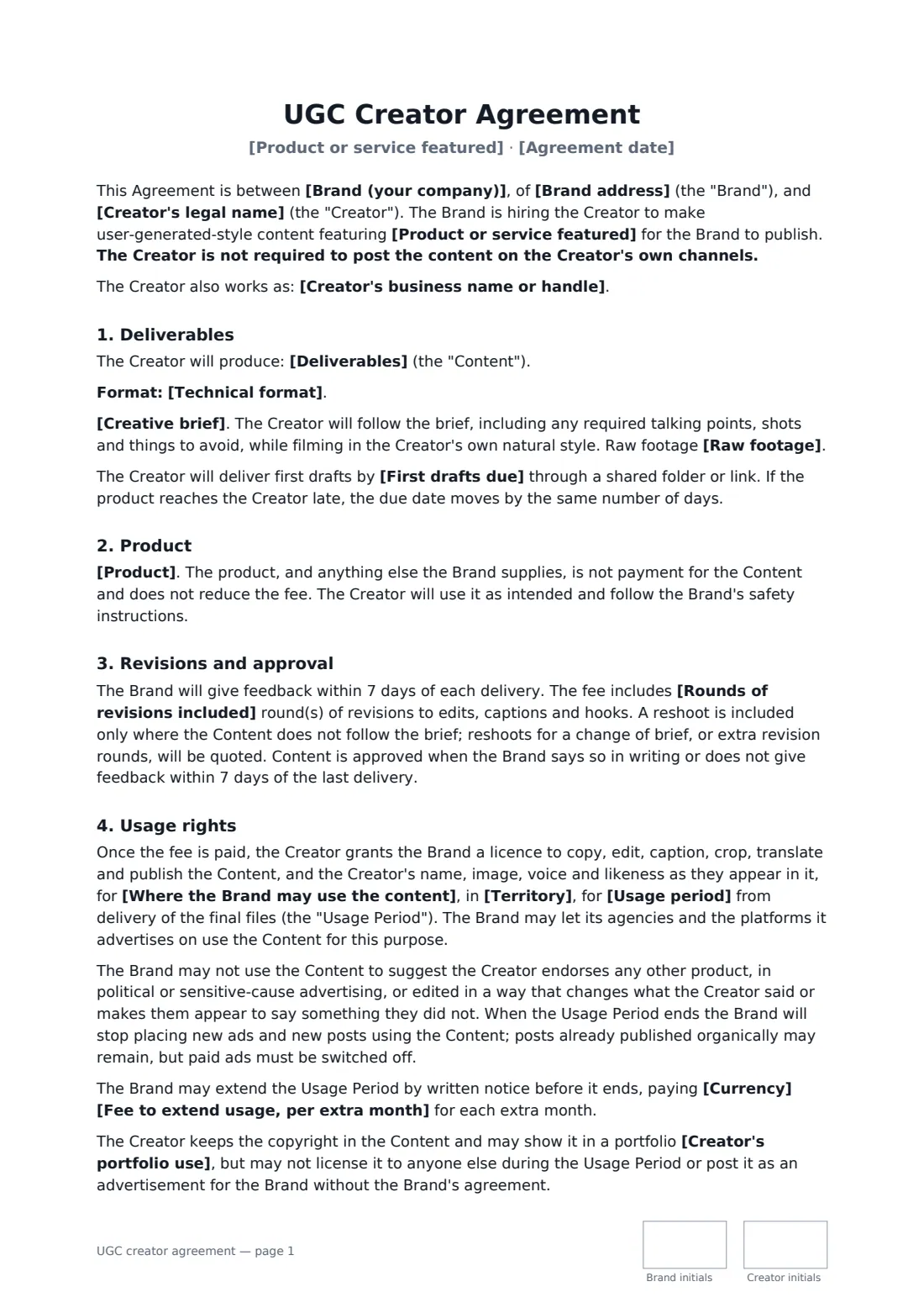 UGC creator agreement — page 1 of 3