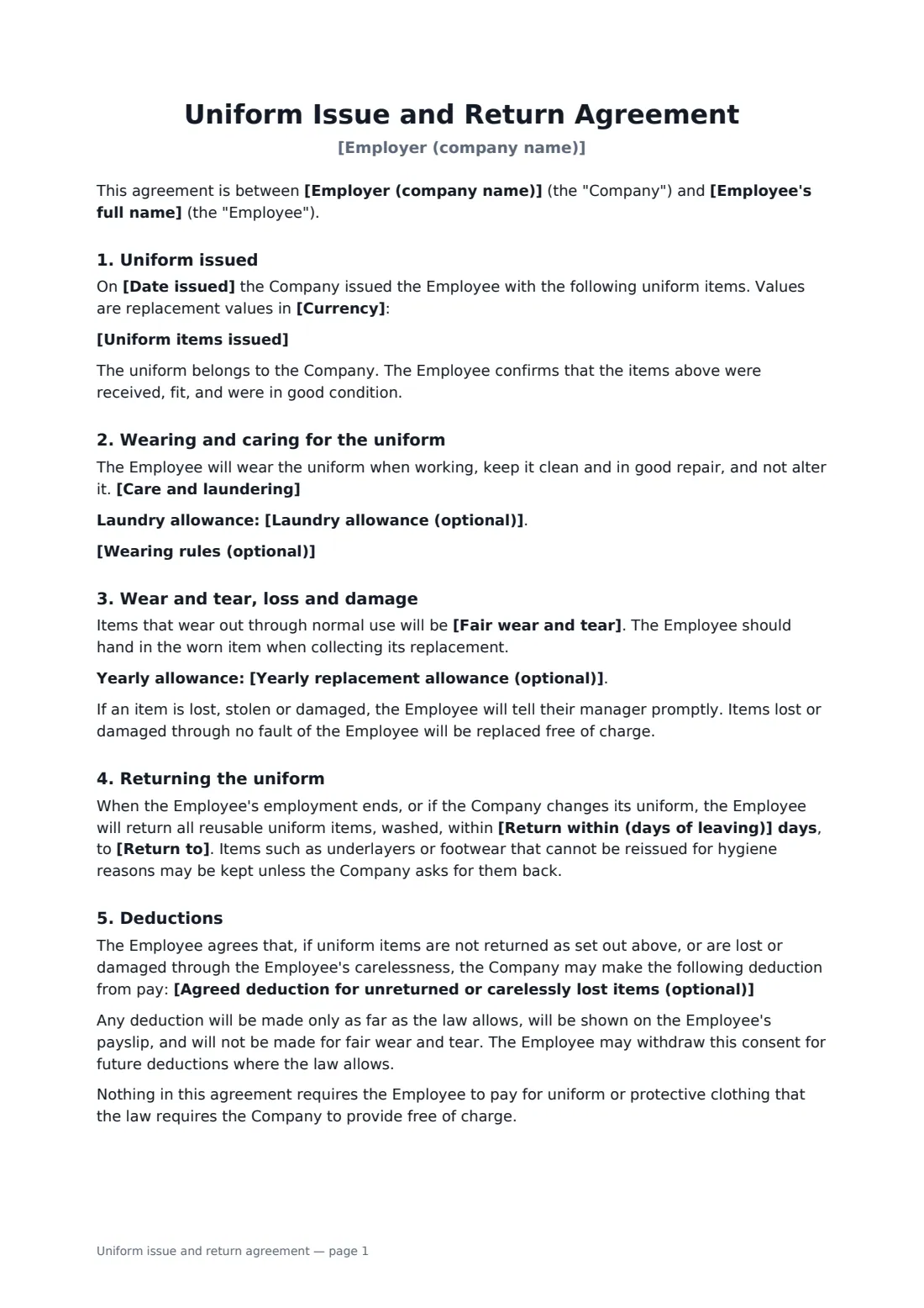 Uniform issue and return agreement — page 1 of 2