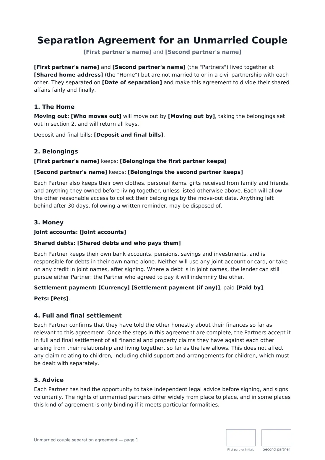 Unmarried couple separation agreement — page 1 of 2