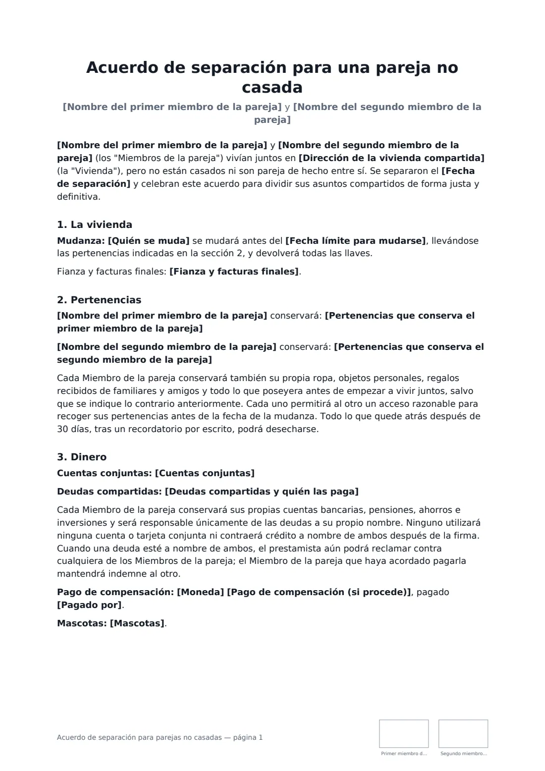 Acuerdo de separación para parejas no casadas: página 1 de 2