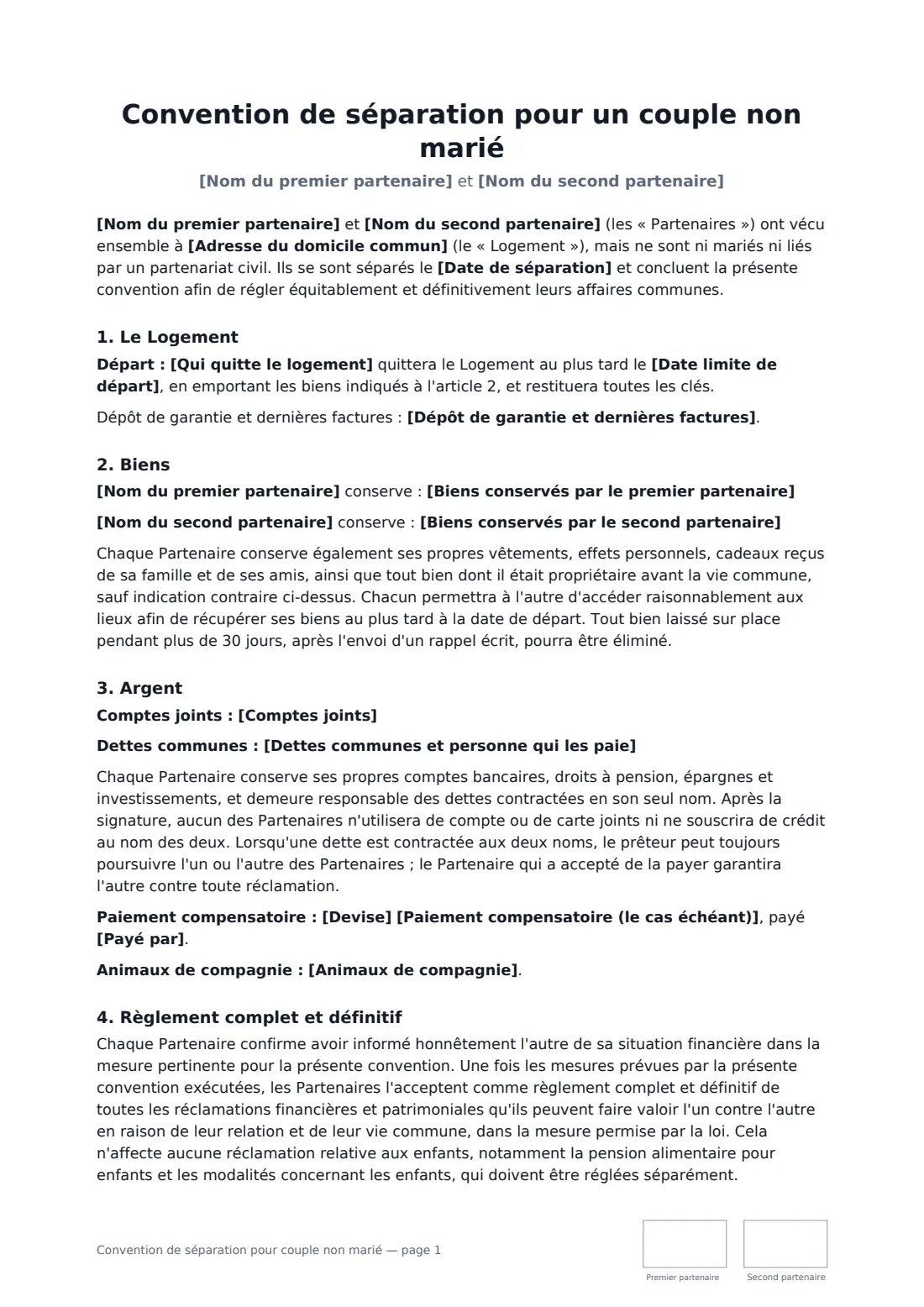 Convention de séparation pour couple non marié — page 1 sur 2