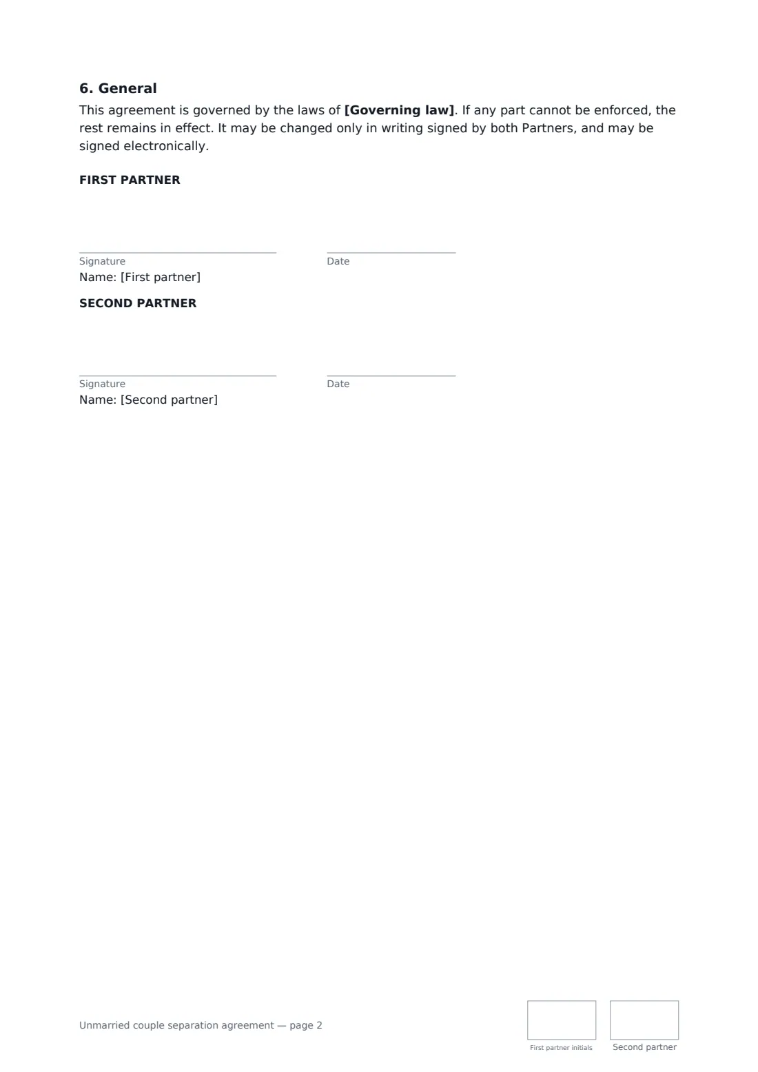 Unmarried couple separation agreement — page 2 of 2
