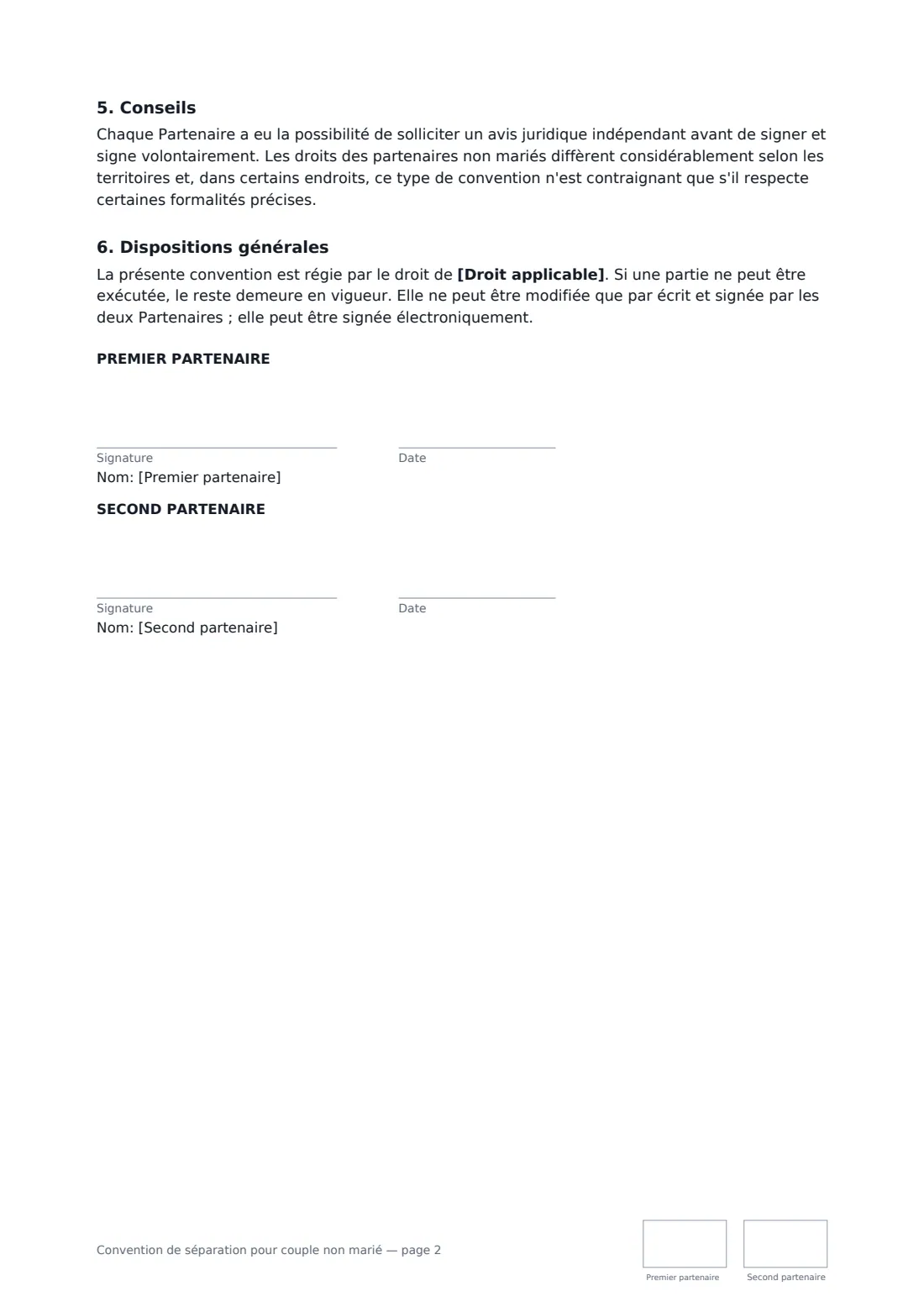 Convention de séparation pour couple non marié — page 2 sur 2