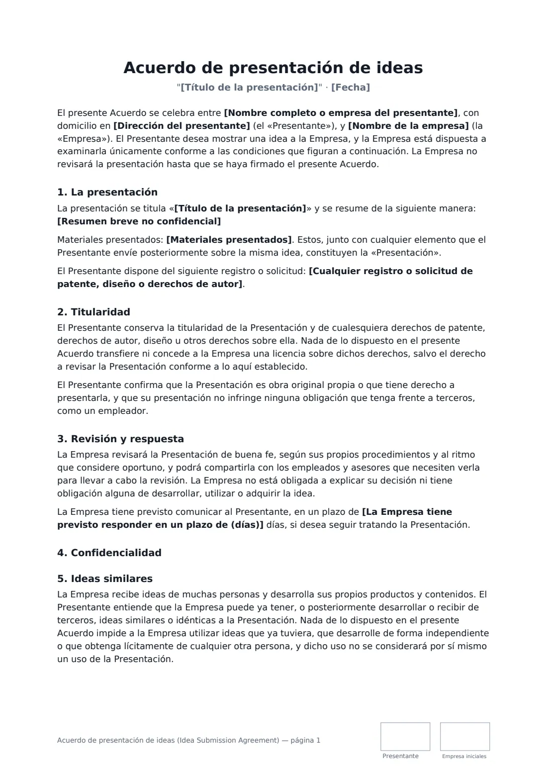 Acuerdo de presentación de ideas (Idea Submission Agreement): página 1 de 2