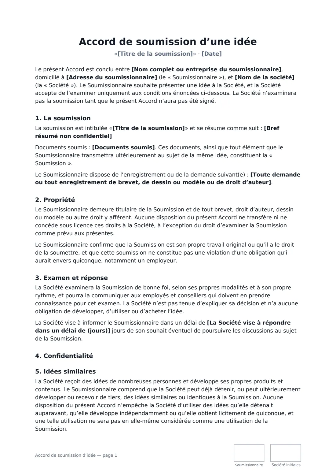 Accord de soumission d’idée — page 1 sur 2