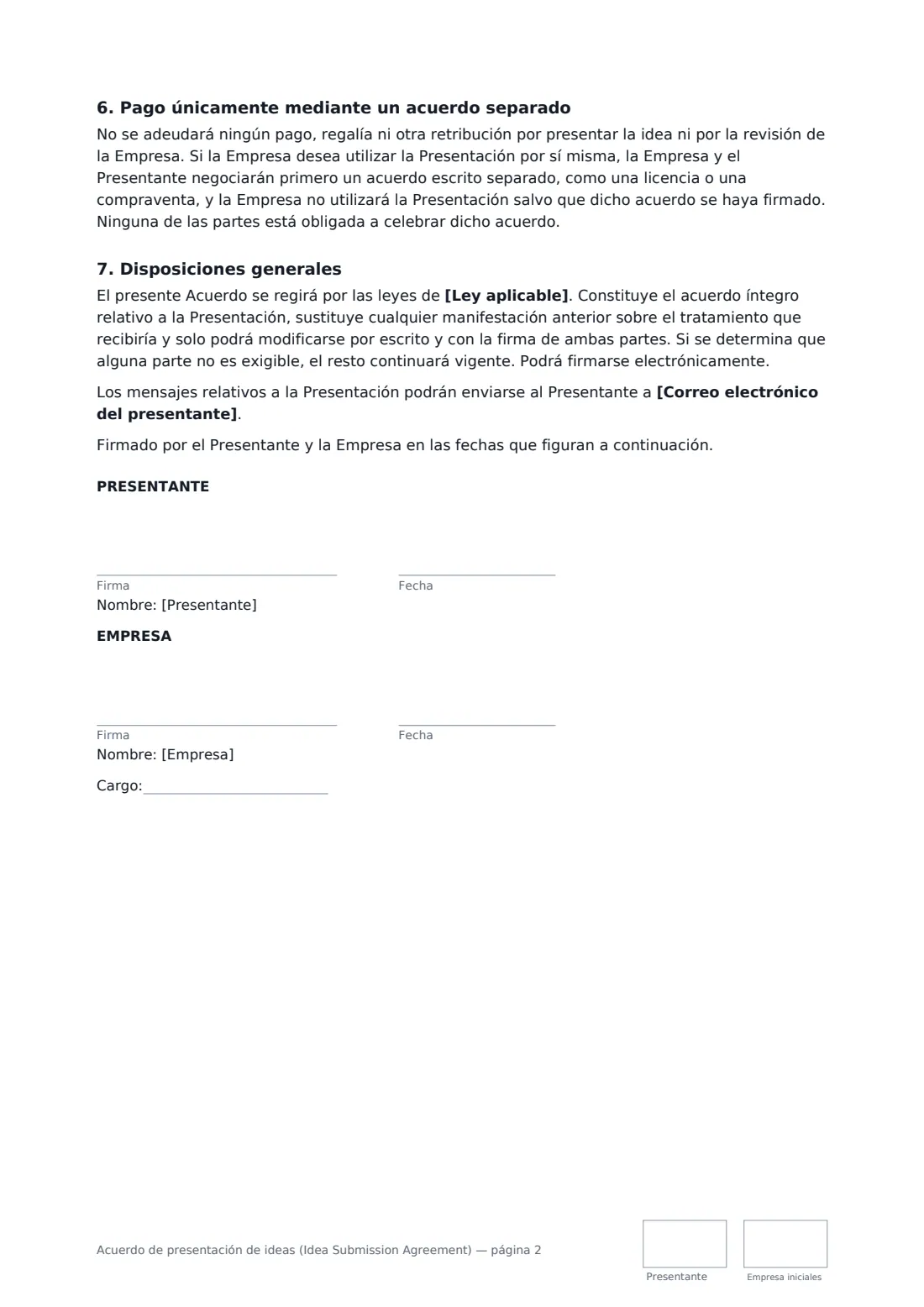 Acuerdo de presentación de ideas (Idea Submission Agreement): página 2 de 2