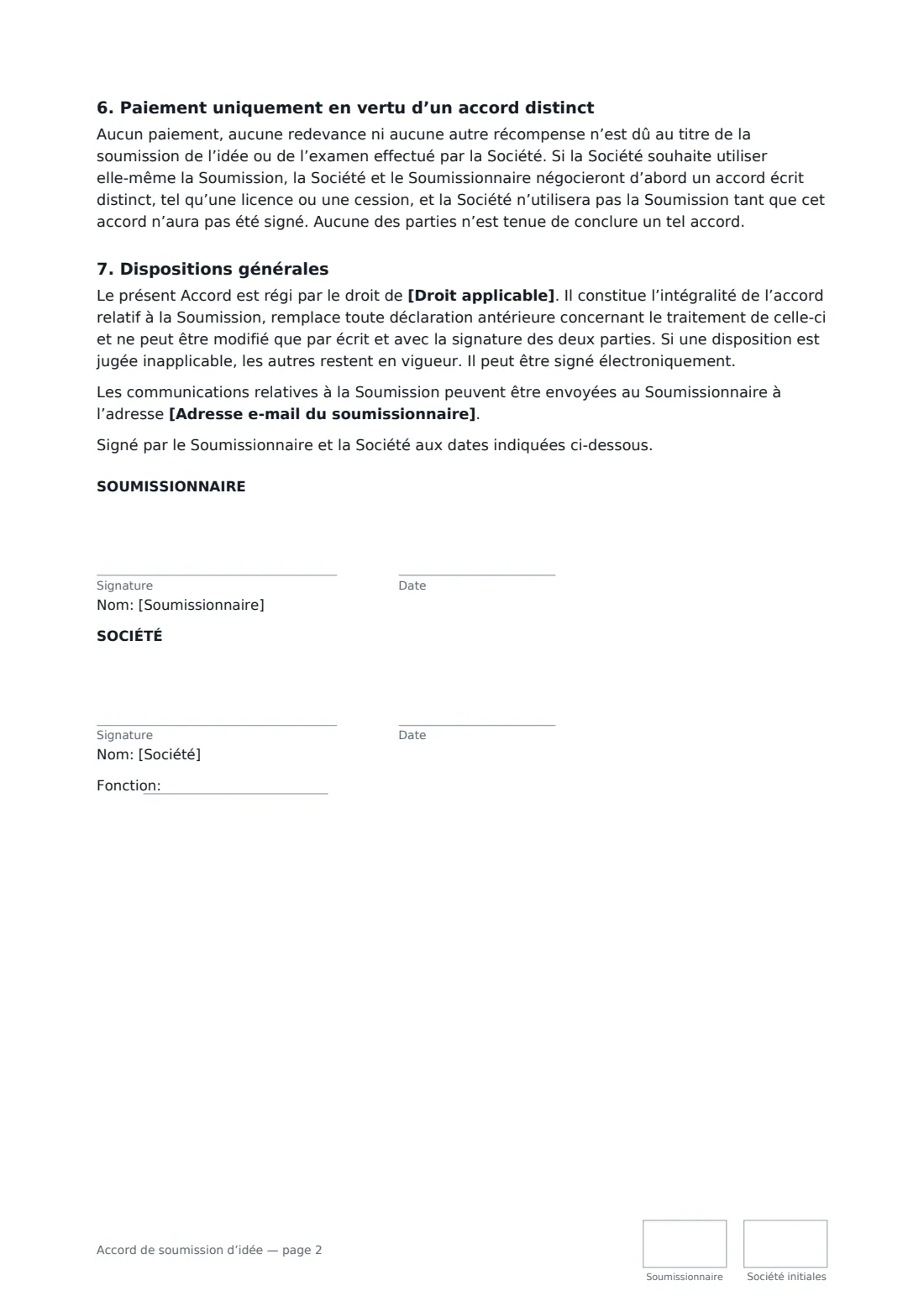 Accord de soumission d’idée — page 2 sur 2