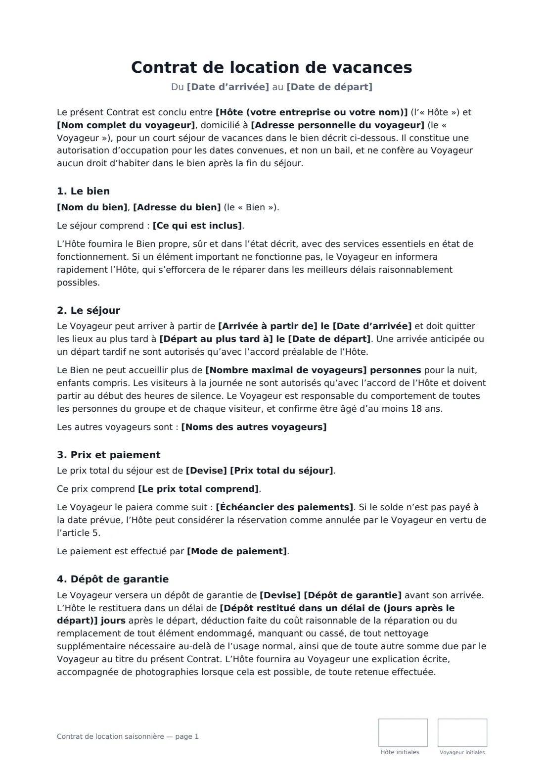 Contrat de location saisonnière — page 1 sur 3