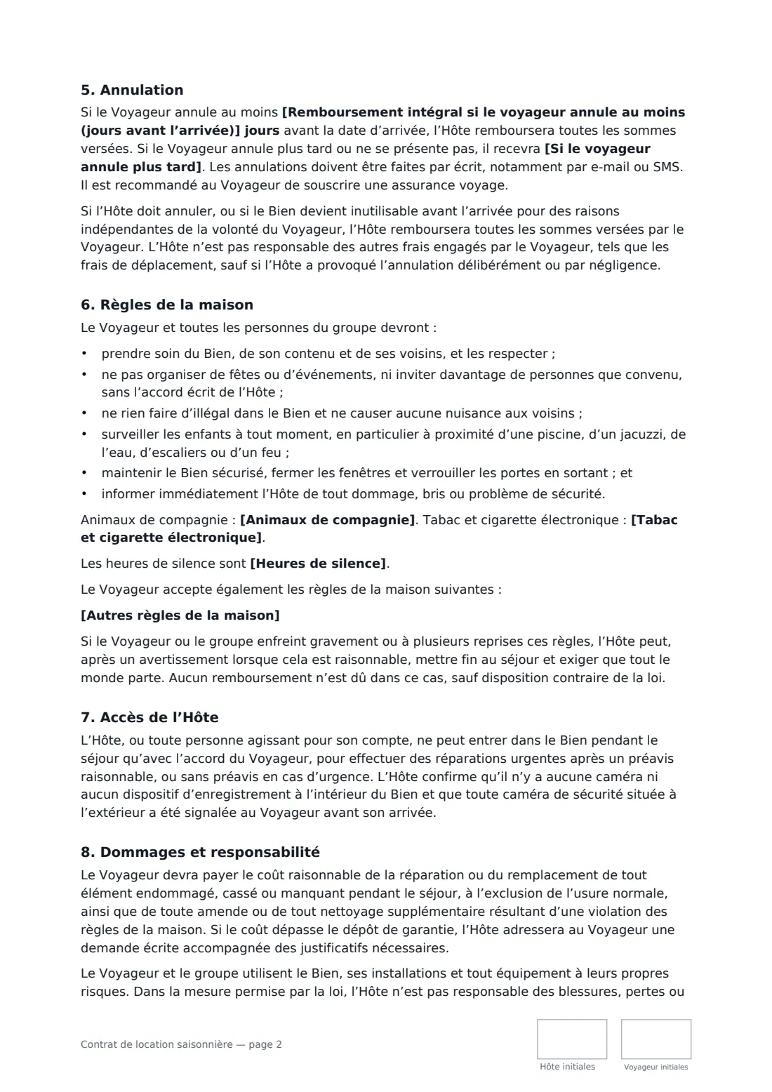 Contrat de location saisonnière — page 2 sur 3