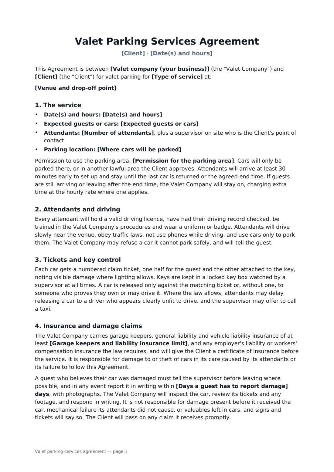 Valet parking services agreement — page 1 of 2