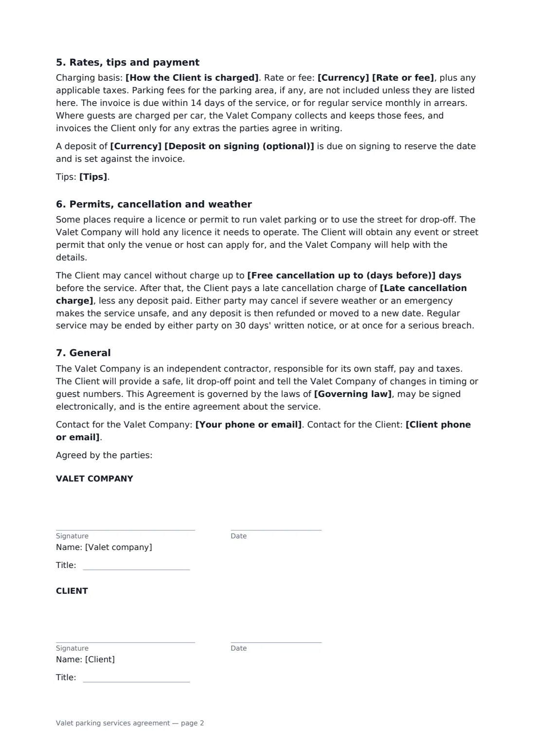 Valet parking services agreement — page 2 of 2