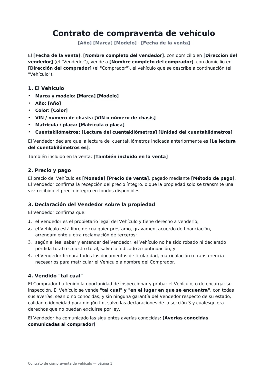 Contrato de compraventa de vehículo: página 1 de 2