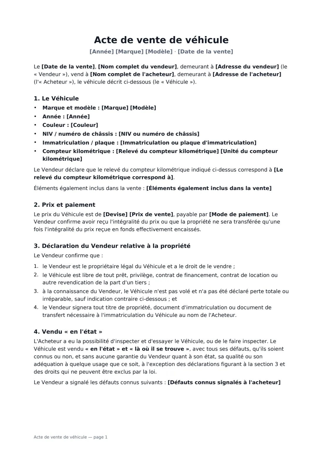 Acte de vente de véhicule — page 1 sur 2